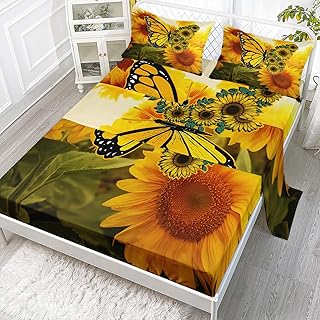 CVHouse Butterfly Sunflower Bed Sheets Sets Twin Size,Butterfly Sunflower Bedding Sets for Girls Kids Teens,Butterfly Sunflower Fitted Sheet Sets 4 Pieces