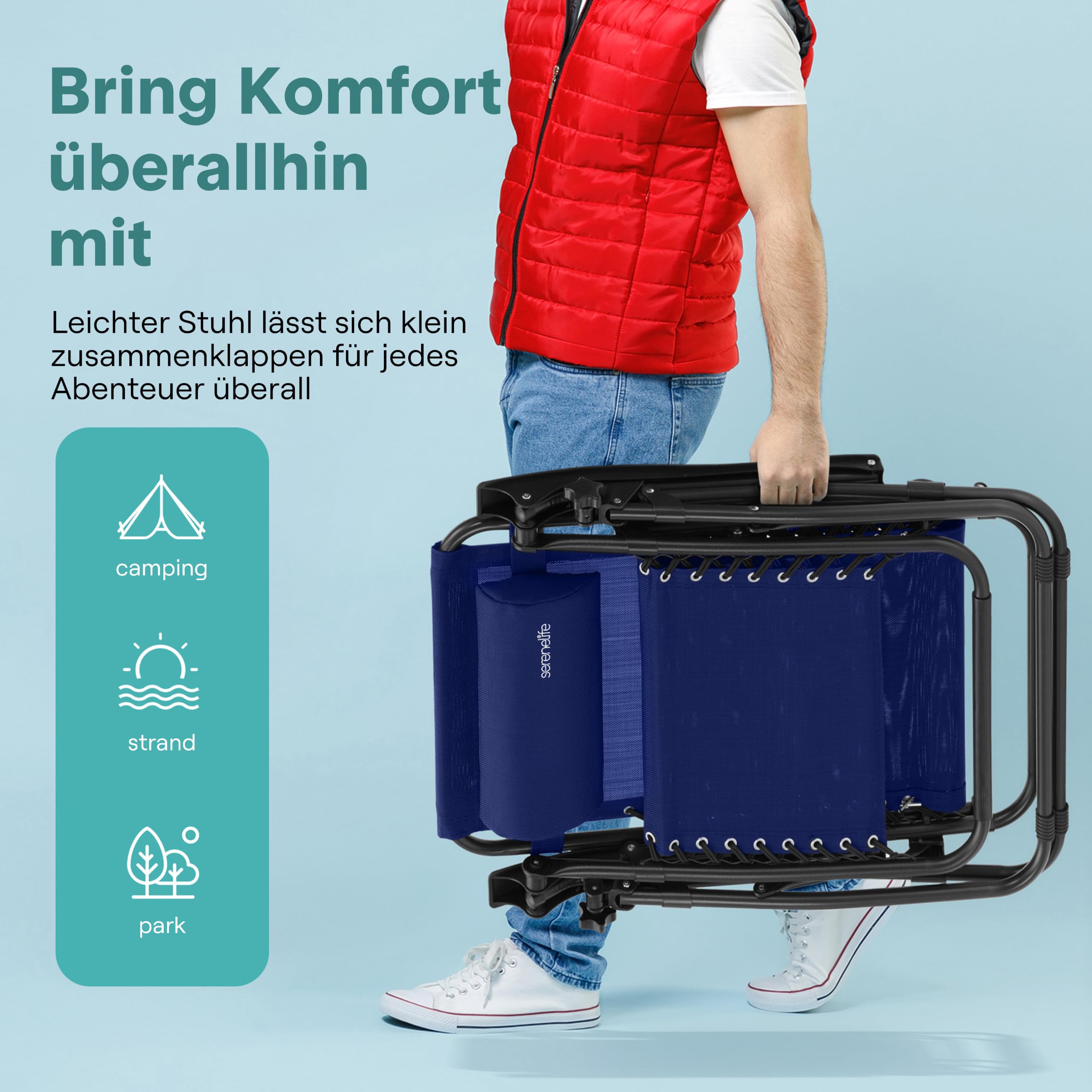 SereneLife Sonnenliege Klappbar 2er Set, Zero Gravity Liegestuhl Garten, bis 120 kg Blau, Verstellbar und Wetterfest, mit Getränkehalter und Kopfstütze, für Balkon Terrasse Strand Relax