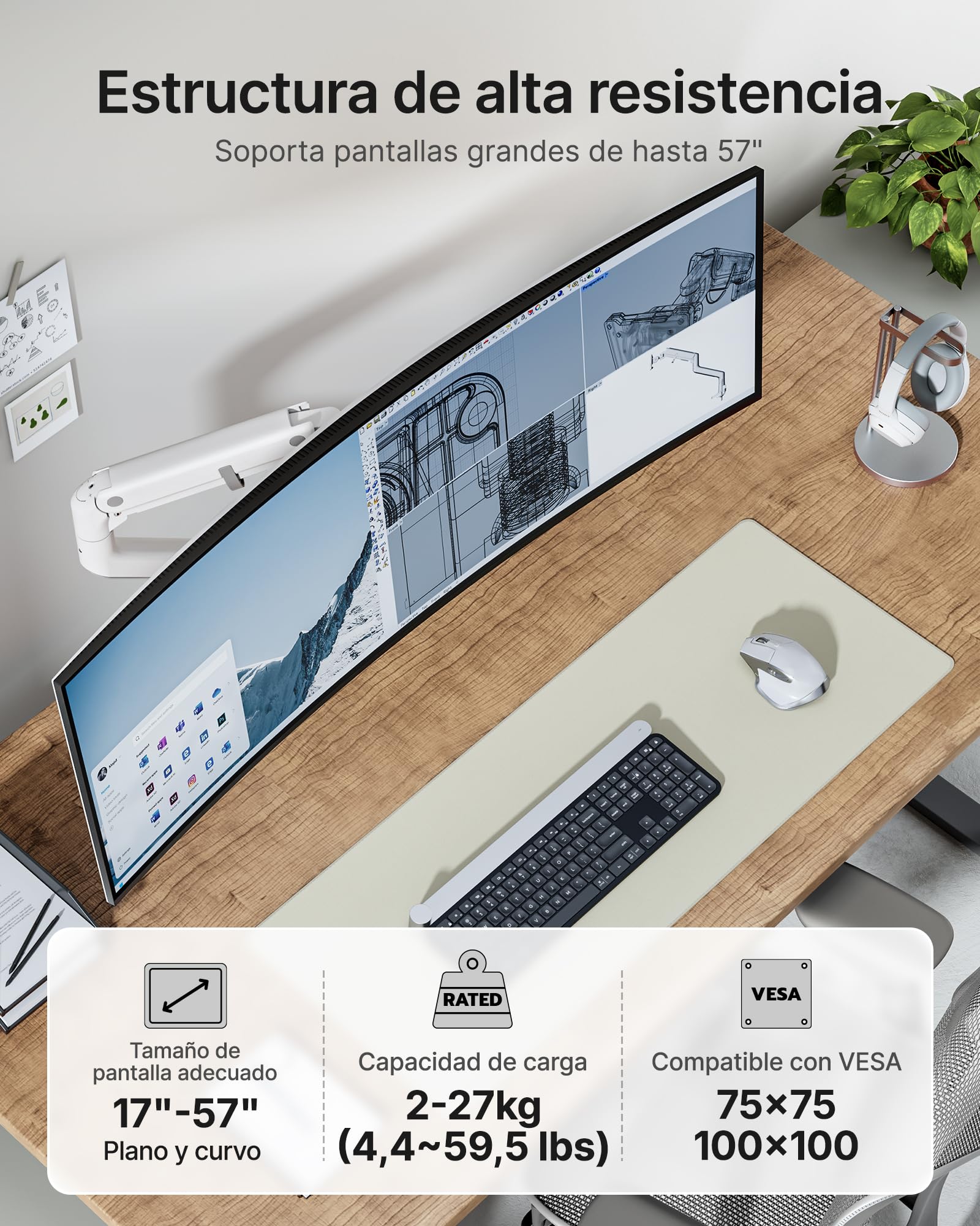 monTEK Soporte Monitor Reforzado para 17-57", hasta 27 kg | Brazo con resorte de gas, altura ajustable y movimiento completo para monitores ultrapanorámicos, VESA 75x75/100x100, blanco.