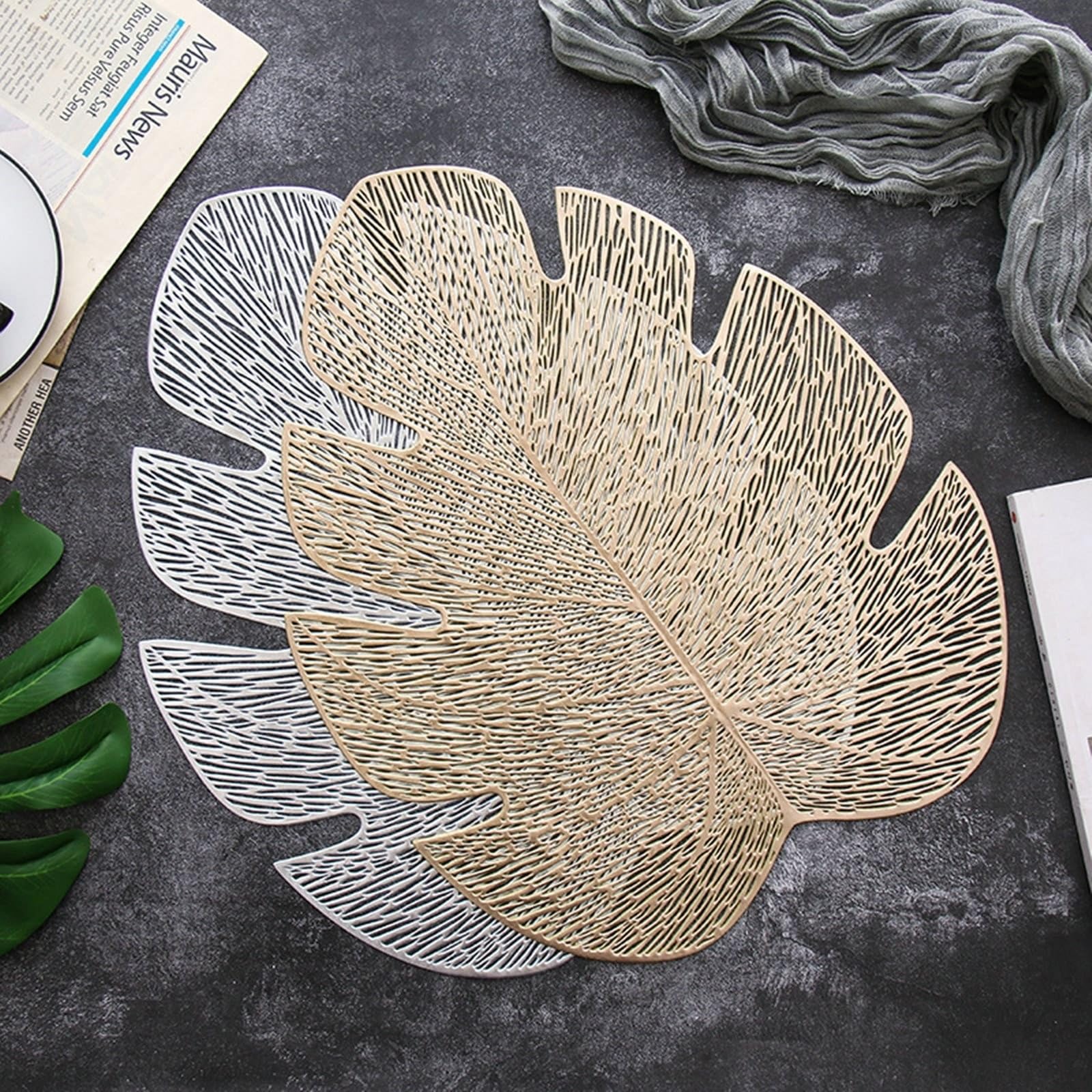Placemat Juego de 8 salvamanteles dorados en forma de hoja 37 x 47 cm para cocina y comedor