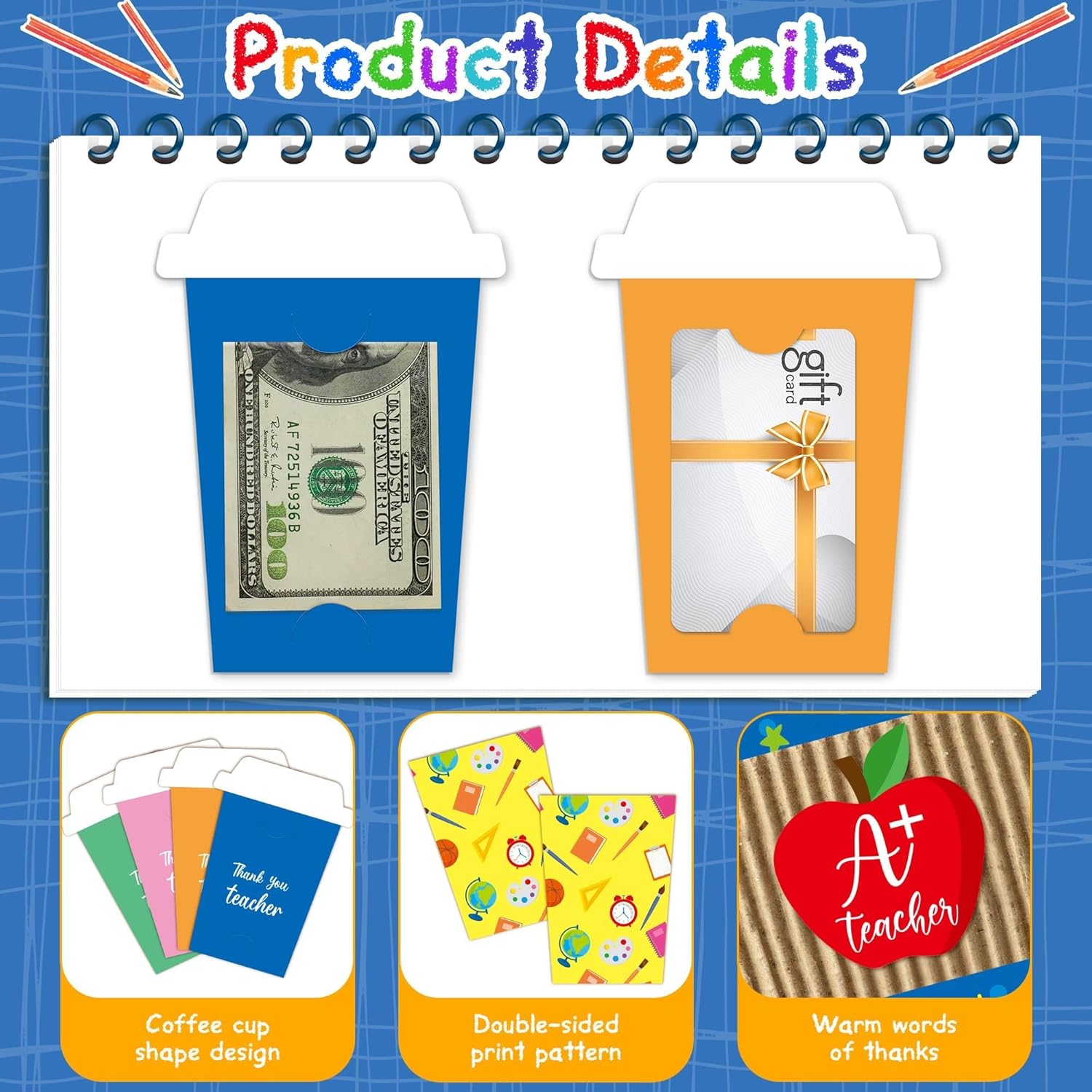 ANGOLIO 24 Teacher Appreciation Coffee Gift Card Holders, Thanks A Latte Coffee Cup Gift Envelopes are well-made for a Note Cash, Funny Thank You Greeting Card Sleeves for Teachers's Day Graduations