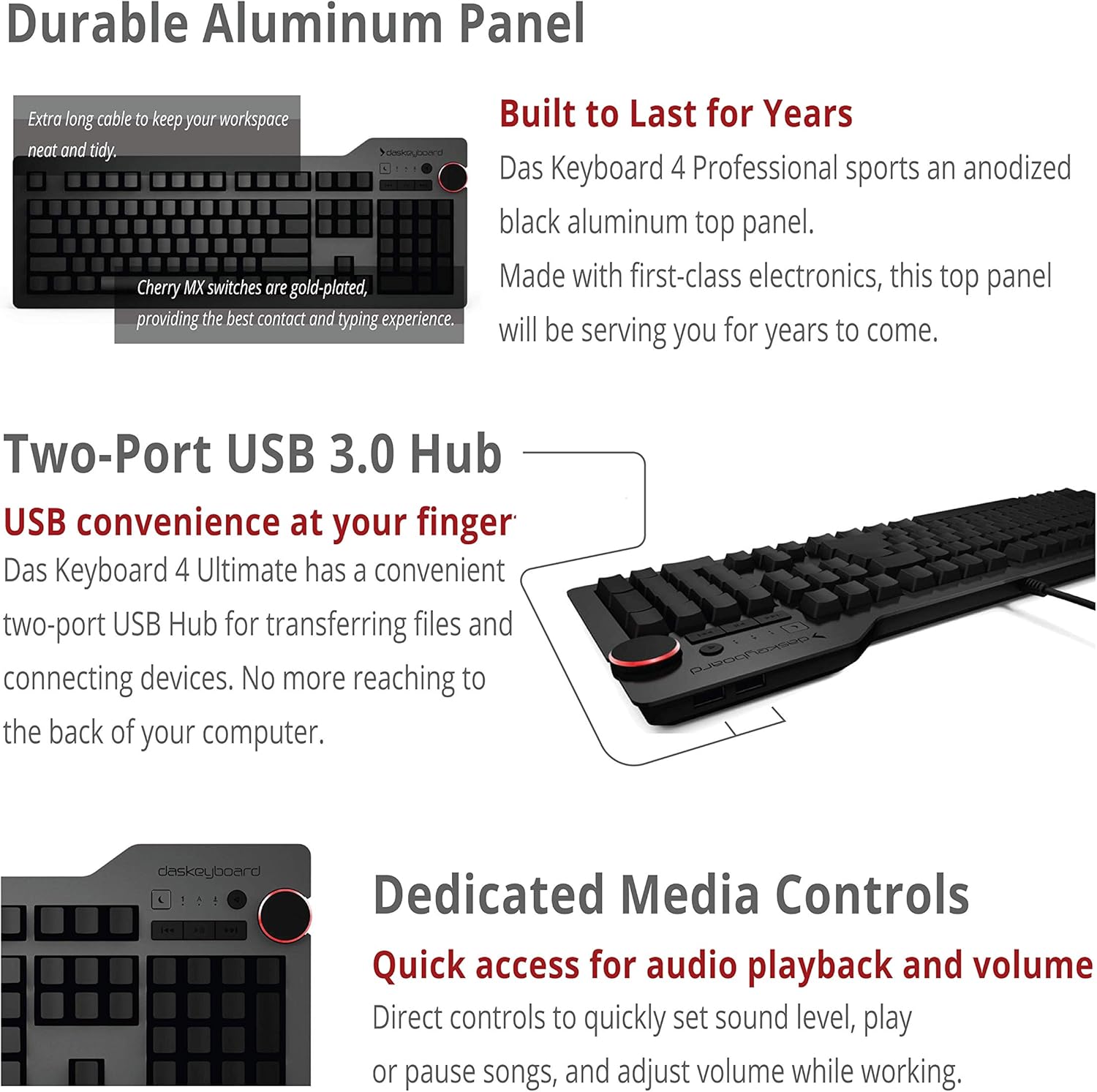 New Arrivals Das Keyboard 4 Ultimate Blank Wired Mechanical Keyboard, Cherry MX Blue Mechanical Switches, 2-Port USB 3.0 Hub, Volume Knob, Aluminum Top (104 Keys, Black)