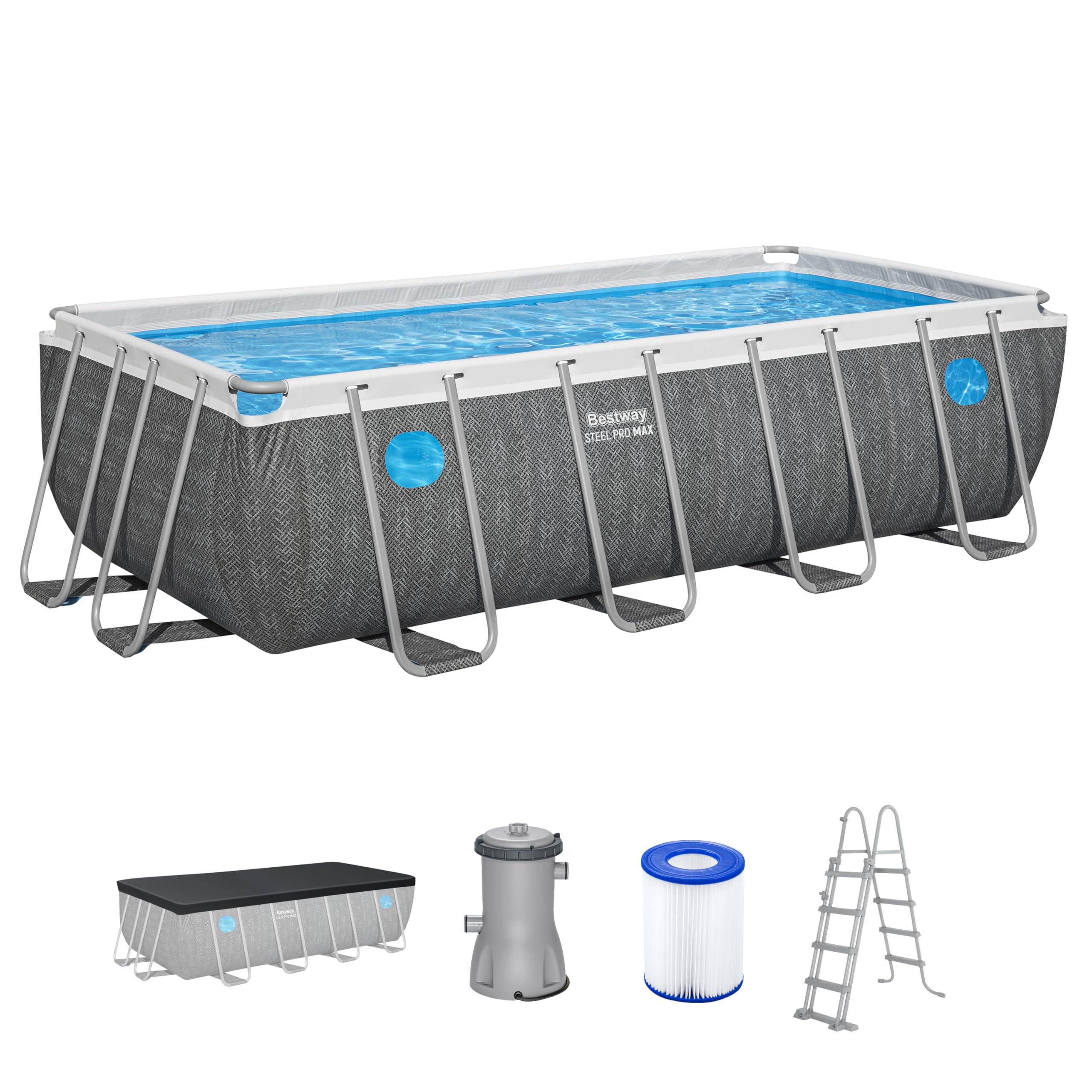 Bestway Steel Pro MAX Frame Pool Komplett-Set mit Filterpumpe, 488 x 244 x 122 cm, 11.532 Liter, Rattan-Optik, Splashview Bullaugen, Sicherheitsleiter, Abdeckplane, Filterkartusche, Schiefergrau