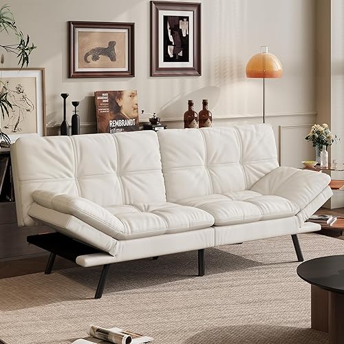 Miniatura 15 de Vyfipt Sofá cama tipo futón, sofá pequeño de espuma viscoelástica de piel sintética para sala de estar, sofá biplaza moderno con reposabrazos Negro