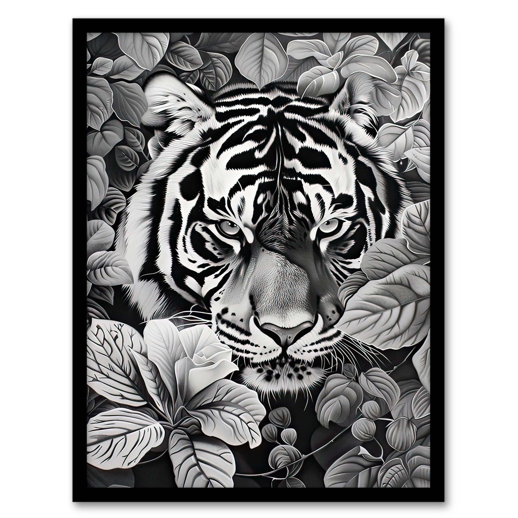 B&Q -  Black White Tiger Jungle Botanical Portrait Wall Art PrintA4 Size
