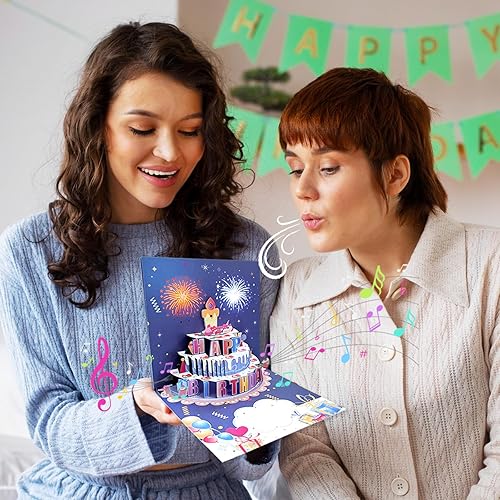 Miniatura 6 de YiKaLus Tarjetas de cumpleaños desplegables de fuegos artificiales, luces musicales y LED, tarjetas de cumpleaños con pastel de cumpleaños soplable,