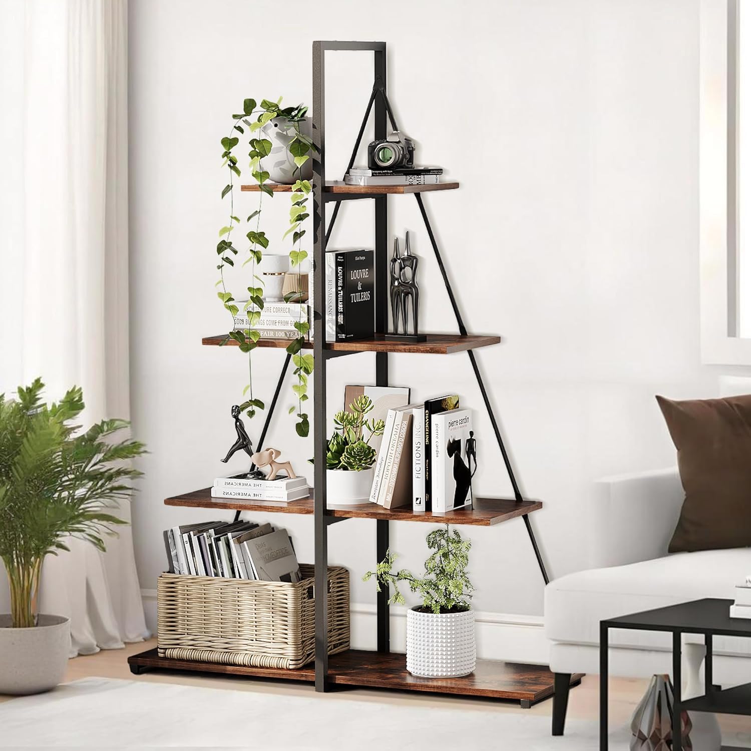 GAOMON Bookshelf, 4-Tier A-Shaped Ladder Bookcase, Tall Narrow Bookcase for Plants & Decor, Space-Saving Storage Shelf Organizer with Sturdy PB Board for Bedroom, Office Corner, Rustic Brown