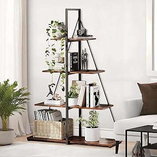 GAOMON Bookshelf, 4-Tier A-Shaped Ladder Bookcase, Tall Narrow Bookcase for Plants & Decor, Space-Saving Storage Shelf Organizer with Sturdy PB Board for Bedroom, Office Corner, Rustic Brown