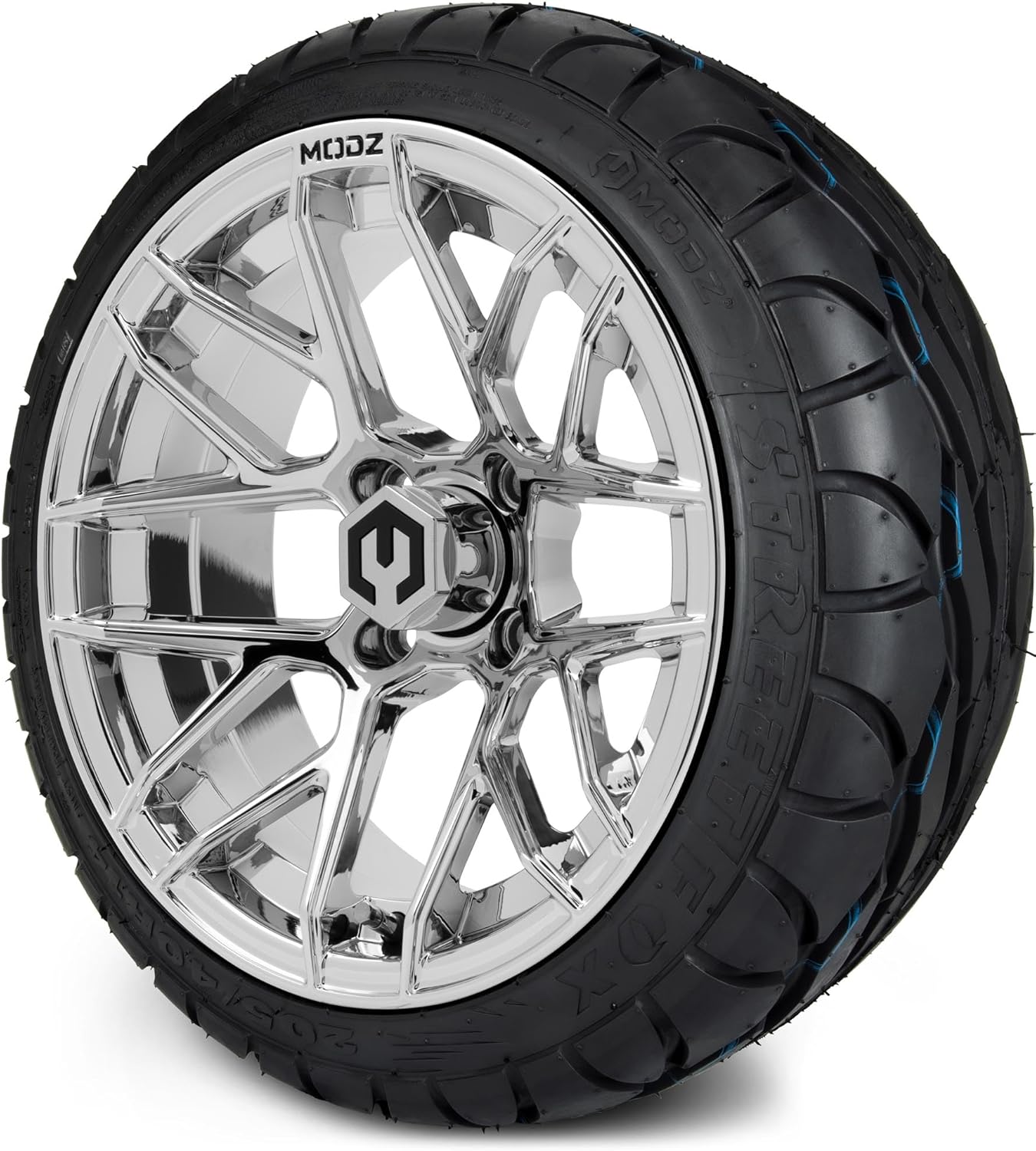 MODZ® Matrix Chrome 14" Golf Cart Wheels and MODZ® Street Fox (205/40-R14) Golf Cart Radial Tires Combo - Set of 4