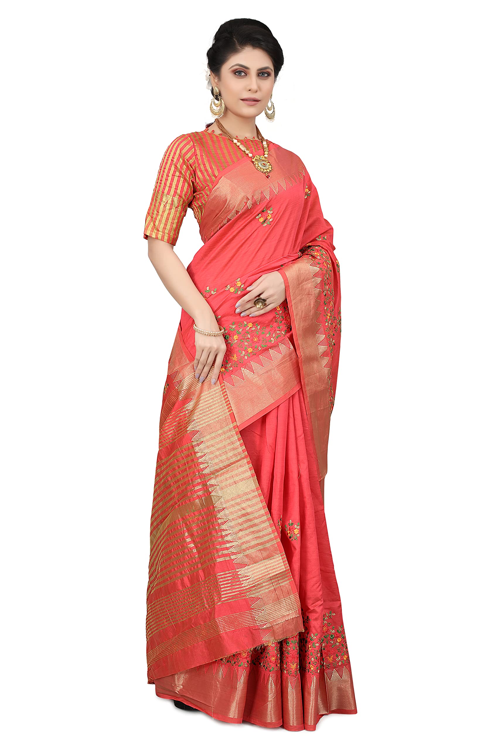 SERONA FABRICS Women's Assam Cotton Silk With Golden Border Thread Embroidered Work Saree With Blouse Piece - Image 4 thumbnail