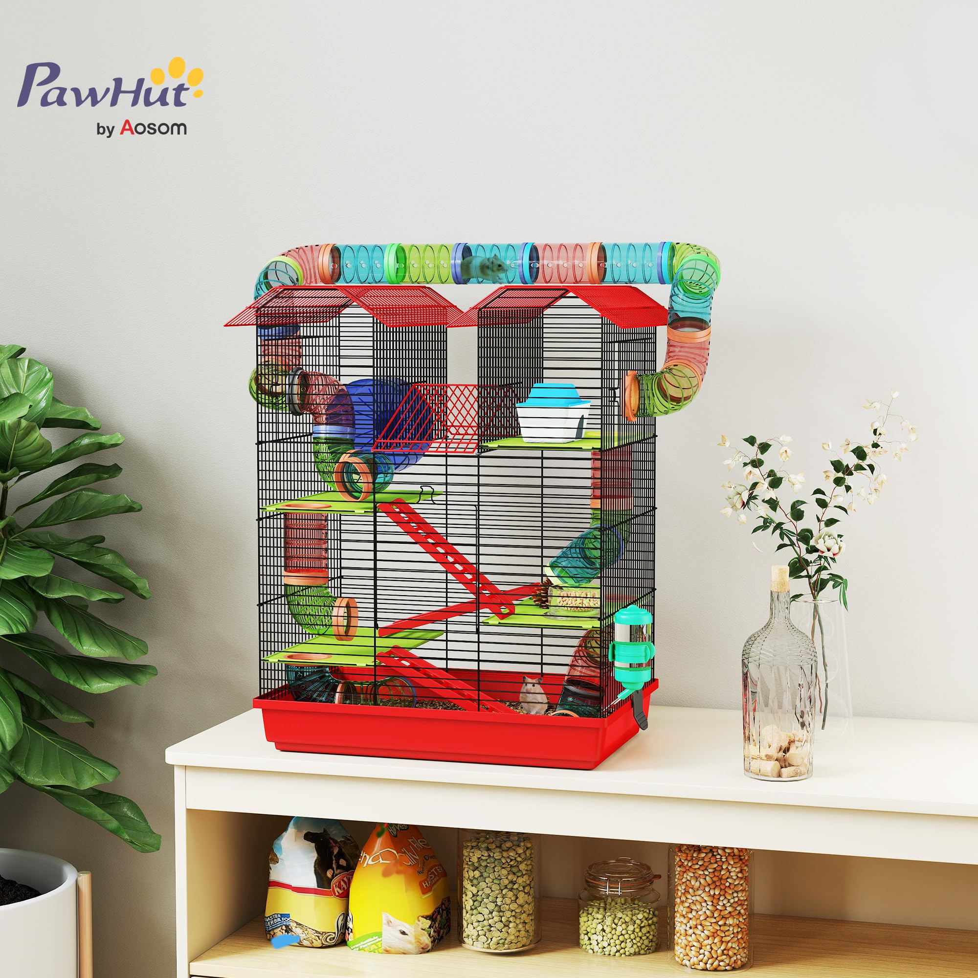 PawHut Gabbia per criceto topo piccolo animali roditore con tunnel mangiatoia ruota giocattolo 47 x 30 x 59 cm, rosso