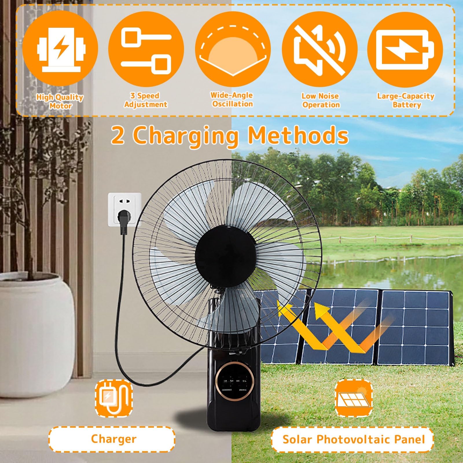 Ventilatore Solare da Parete da 16" con Telecomando, Oscillazione Silenziosa A 3 velocità, Timer E Inclinazione Regolabile – Pannello Solare O Adattatore di Alimentazione, per Interni Ed