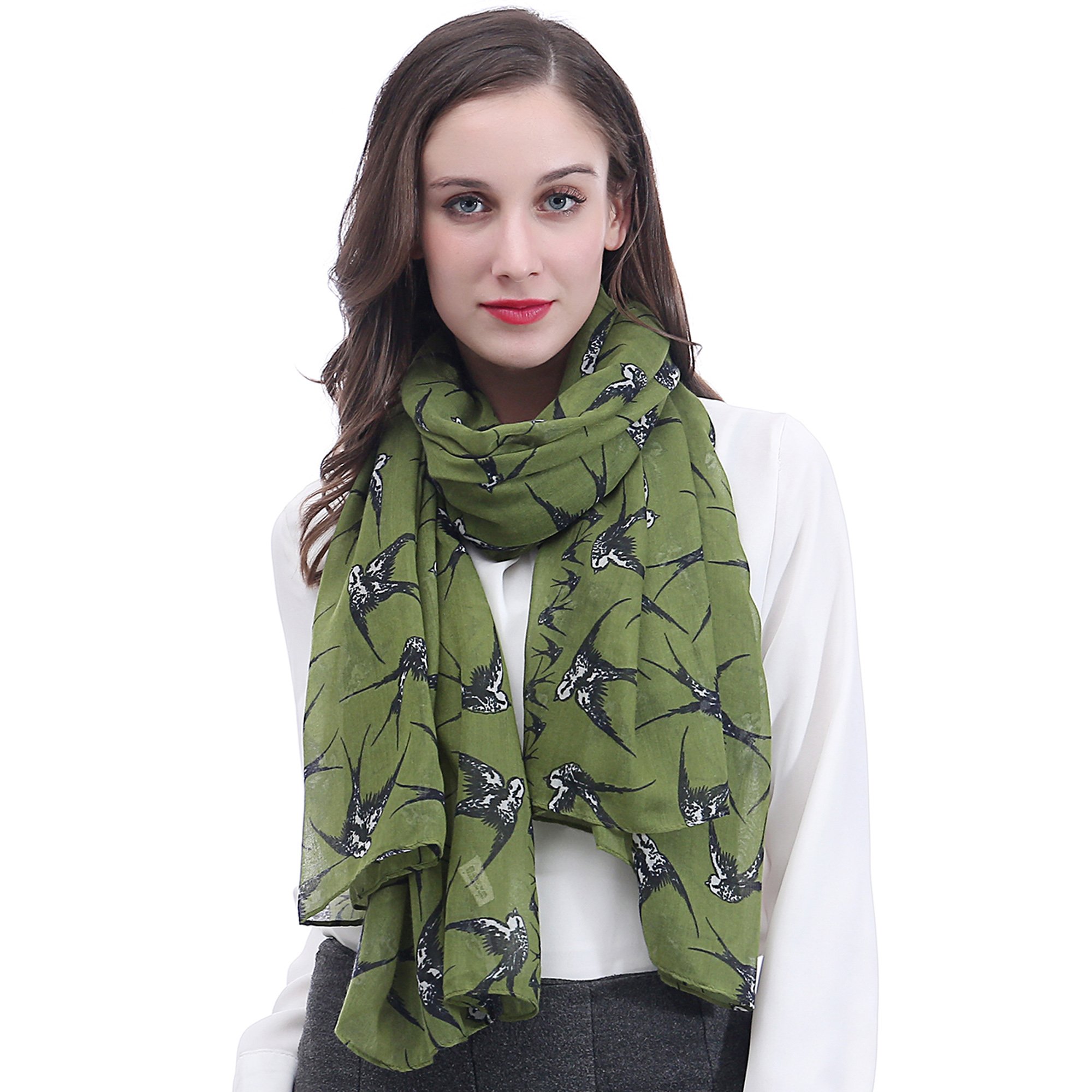 Lina & Lily Women's Army Green Swallow Bird Print Scarf Shawl Wrap Lightweight (Army Green)