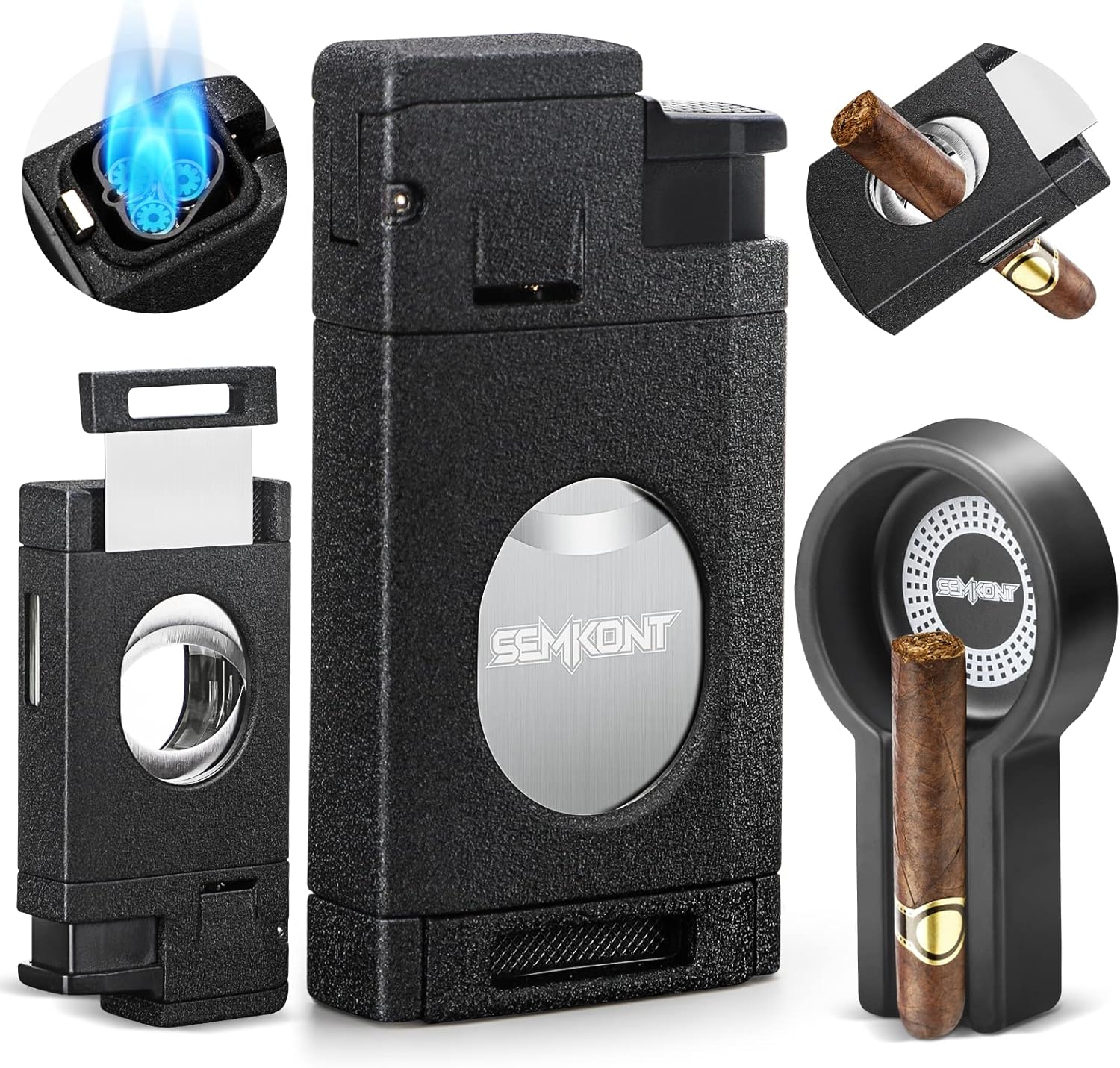 SEMKONT Cigar Lighter, Triple Jet Flame Cigar Lighter with