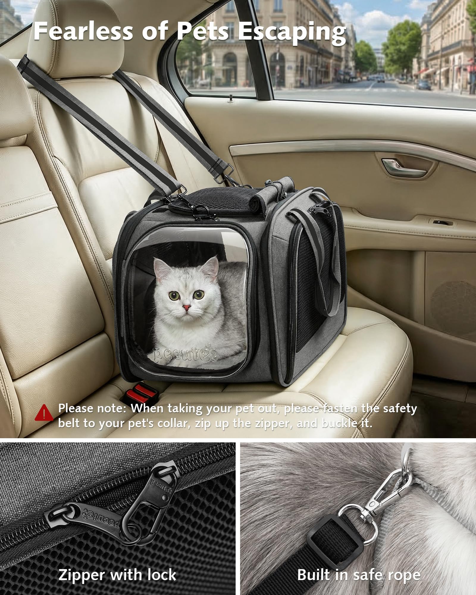 pecute Transportín Gato Grande, Coche Cero Ansiedad | Bolsa de Transporte Estructura de Acero Antideformación de 5mm, Persiana Enrollable de Privacidad, Ventana de Burbuja, Talla M, Gris