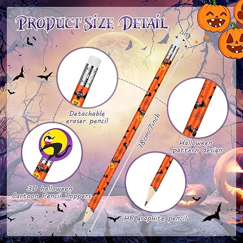 Miniatura 2 de Glenmal 100 lápices perfumados de Halloween para niños, lápices de grafito HB con 100 adornos de dibujos animados, borrador de silicona, regalo para