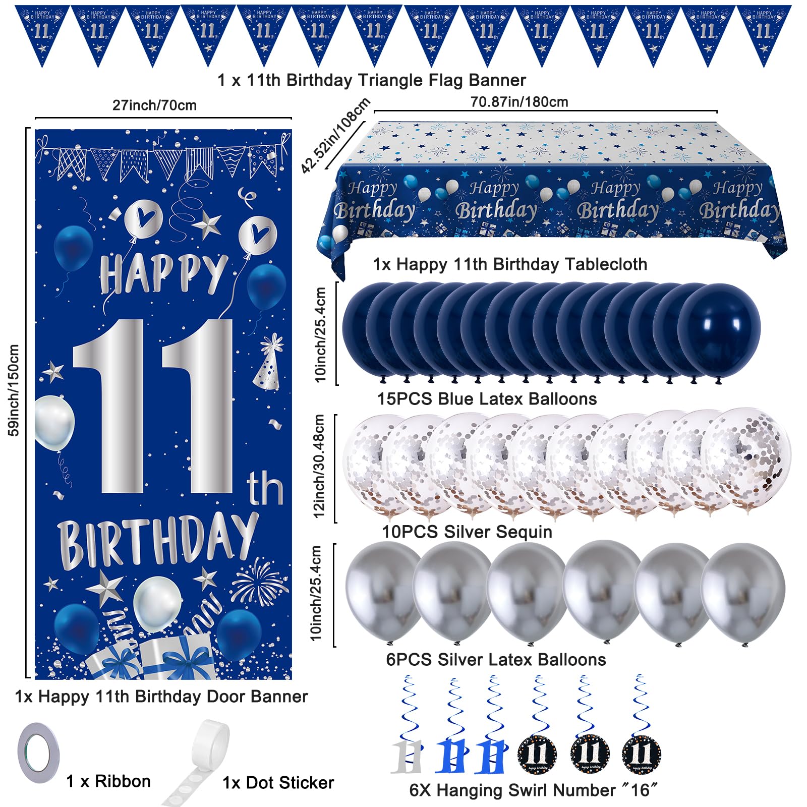 Decoraciones de cumpleaños número 11 para niños y niñas, juego de decoraciones de feliz cumpleaños número 11 azul y plateado con telón de fondo de 11 cumpleaños, mantel de globos, bandera triangular,