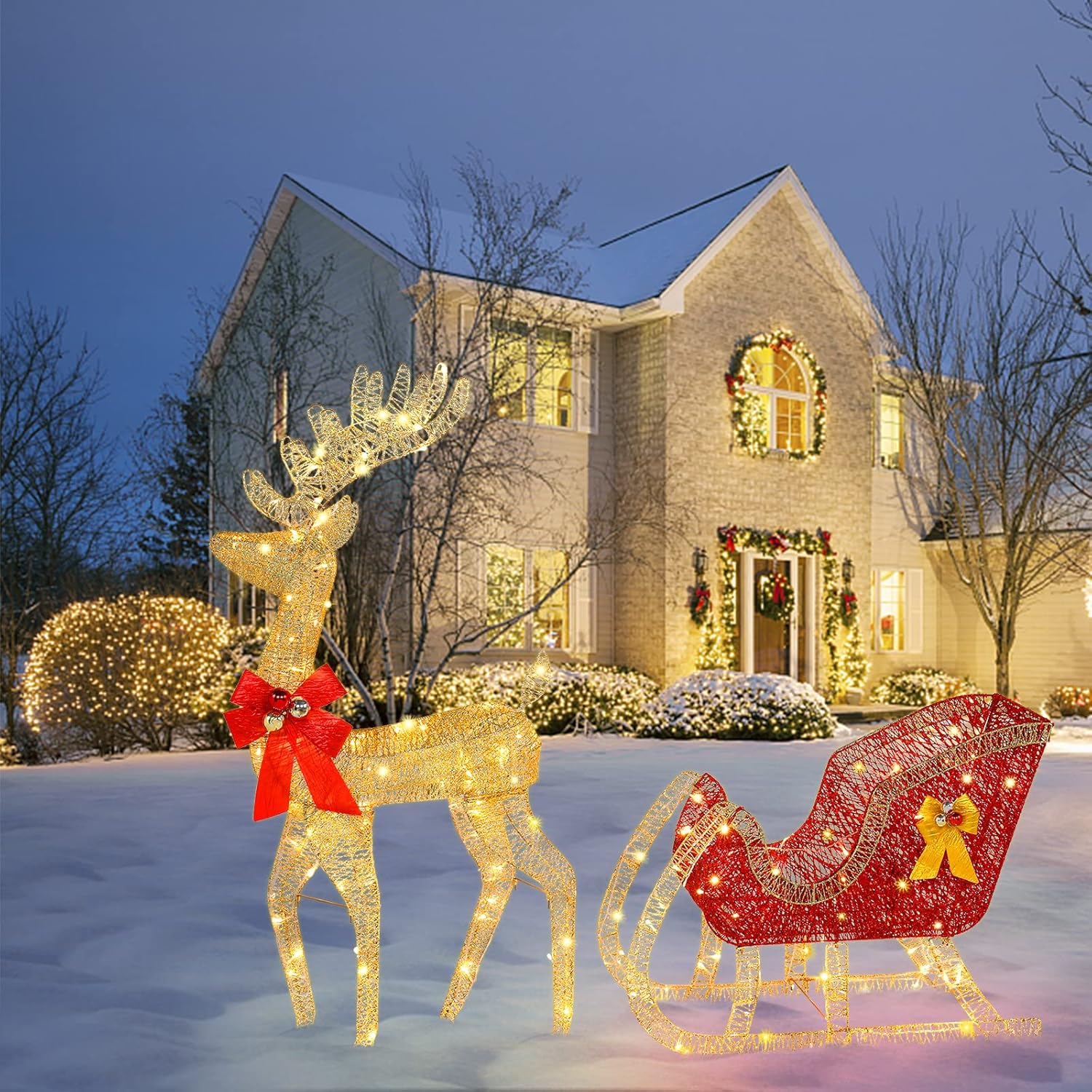 Lighted Reindeer and Sleigh Christmas Outdoor Decorations