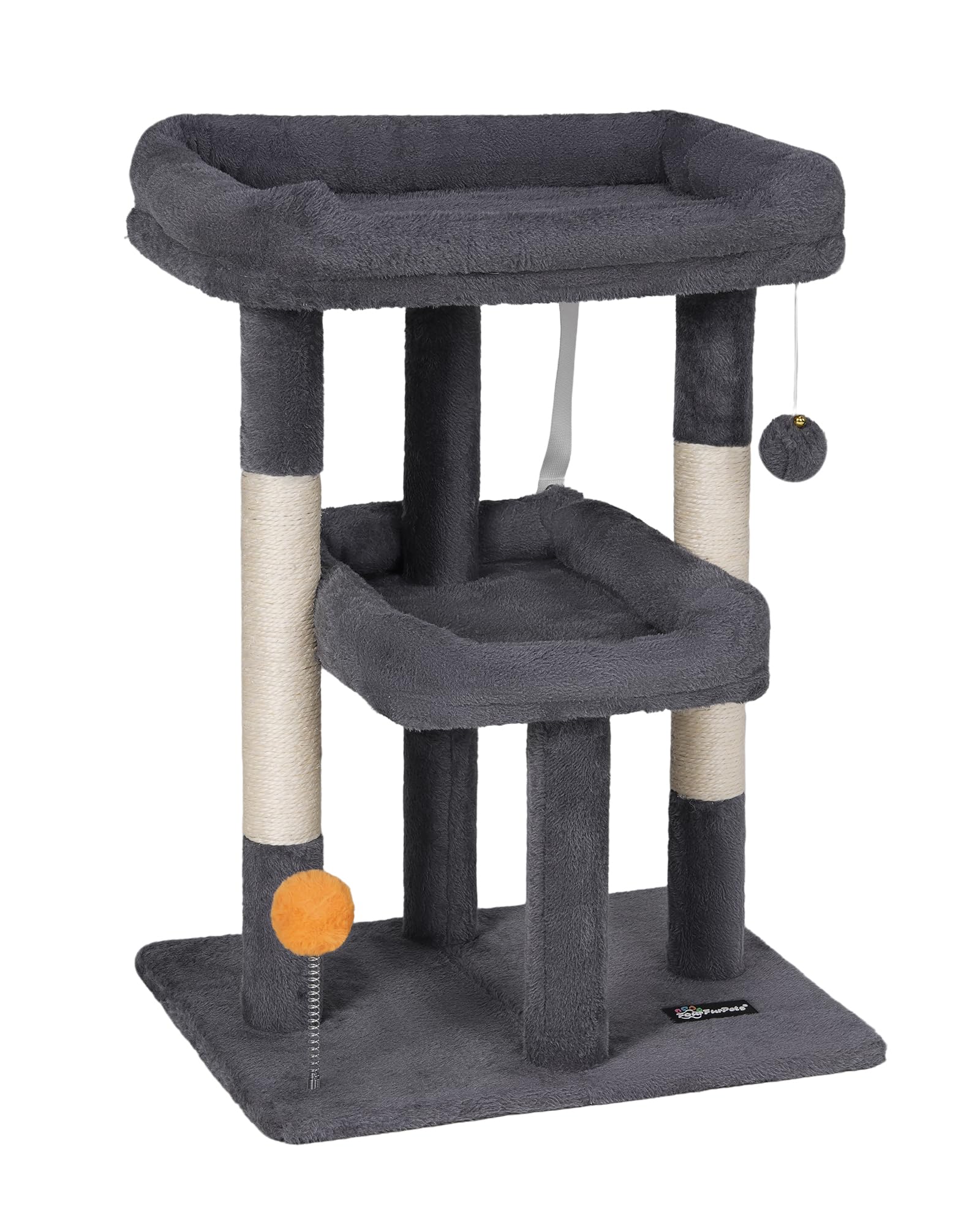 FourFurPets 27.6-Inch Cat Tree, Cat Tower for Indoor Cats, Cat Condo for Large Cats, Small Cat Tree with Scratching Post, Toy Balls, for Kittens, 2 Soft Platform, Dark Gray