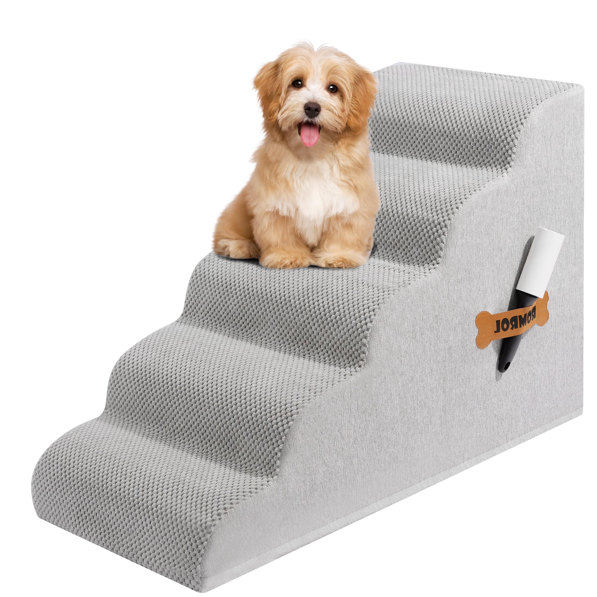 Dog Stairs, Romrol Dog Steps Ramp for High Bed and Couch, Dogs Ramp with Durable Non-Slip Waterproof Fabric Cover, Pet Stairs for Small Dogs and Cats or Pets Joints, 4-TiersLight Grey