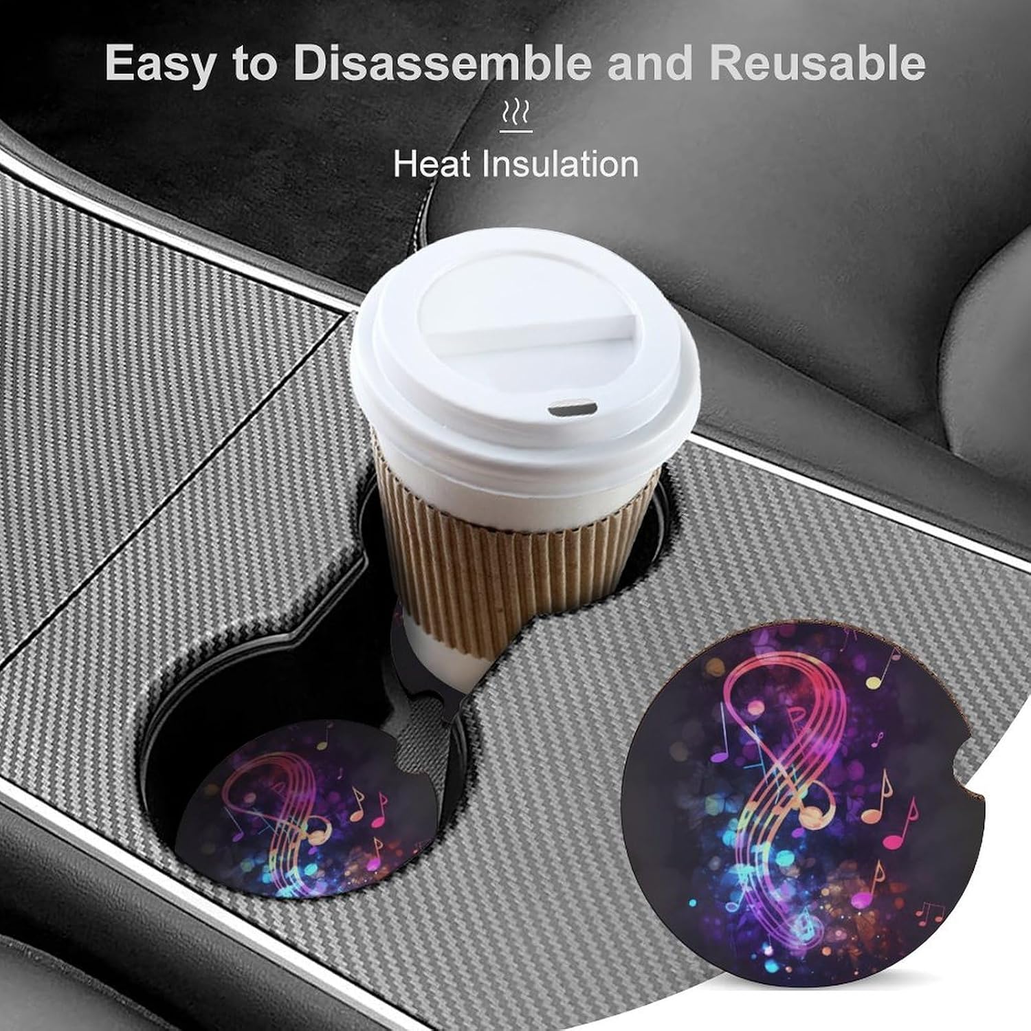 Colorful Galaxy Music Note Car Coasters 1PCS Heat Insulation Cup Holders Cork Base with Finger Notch Non-Slip Bar Coasters Universal Auto Cup Mats Cars Interior Accessories image 4