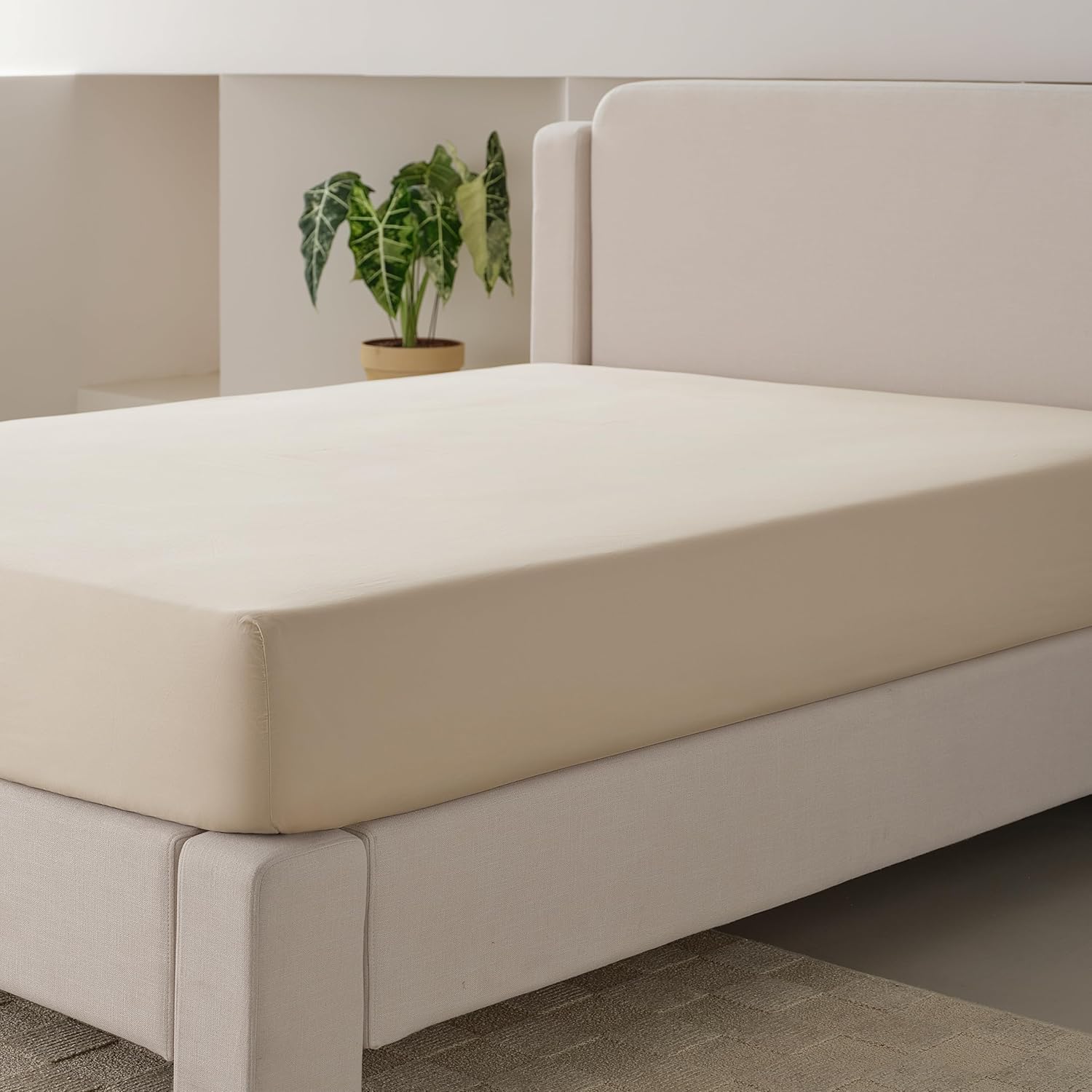 Double Stitch Cotton Tencel Fitted Sheet - King Size Fitted Sheets Deep Pocket, Soft Hotel Bedding, Cooling & Breathable for Hot Sleepers, Up to 16 inches, Cream