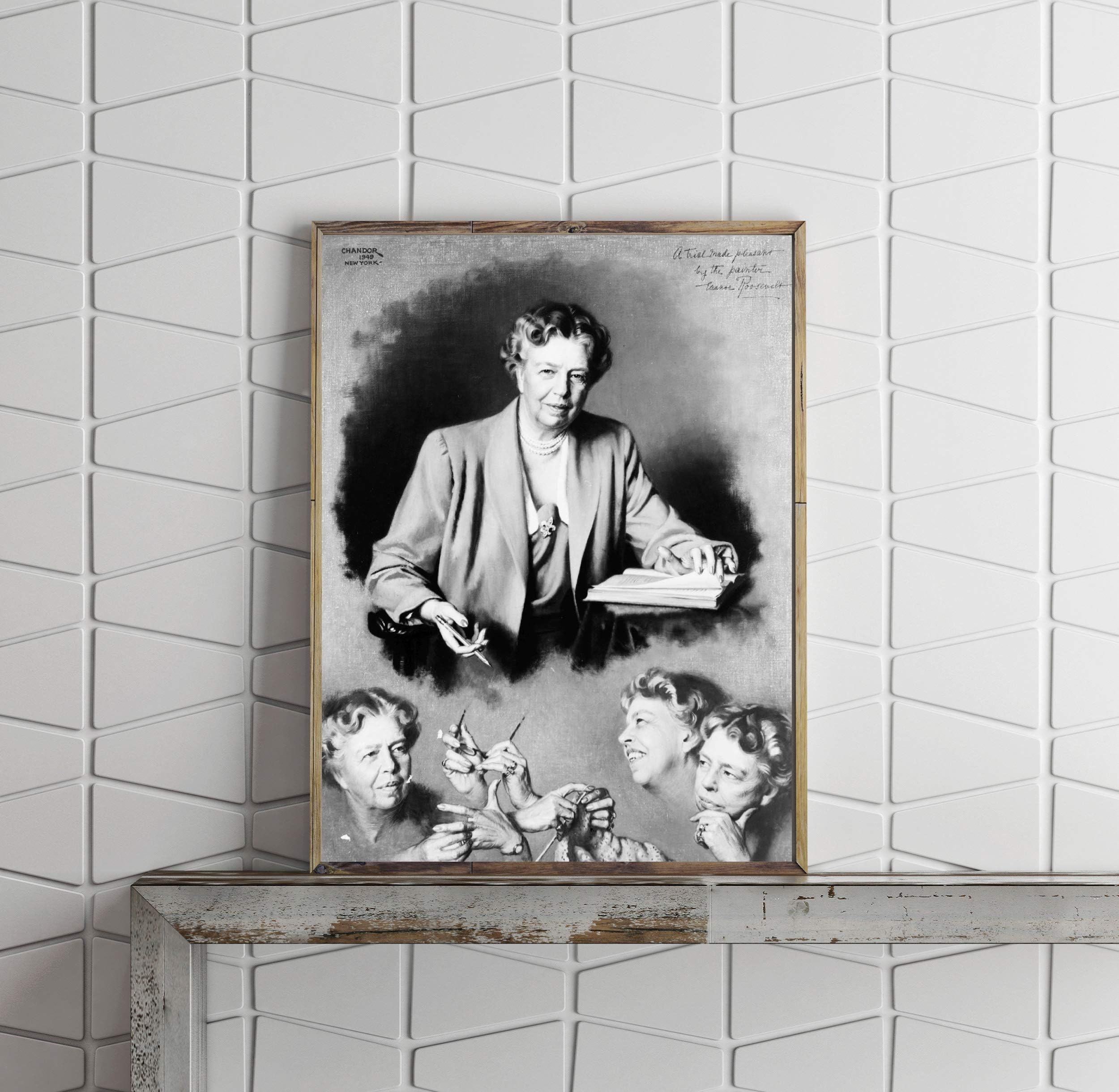 INFINITE PHOTOGRAPHS 1949 Photo: Oil Painting | Composite of Eleanor Roosevelt | Knitting, Holding Glasses, Chandor | Poster Wall Art