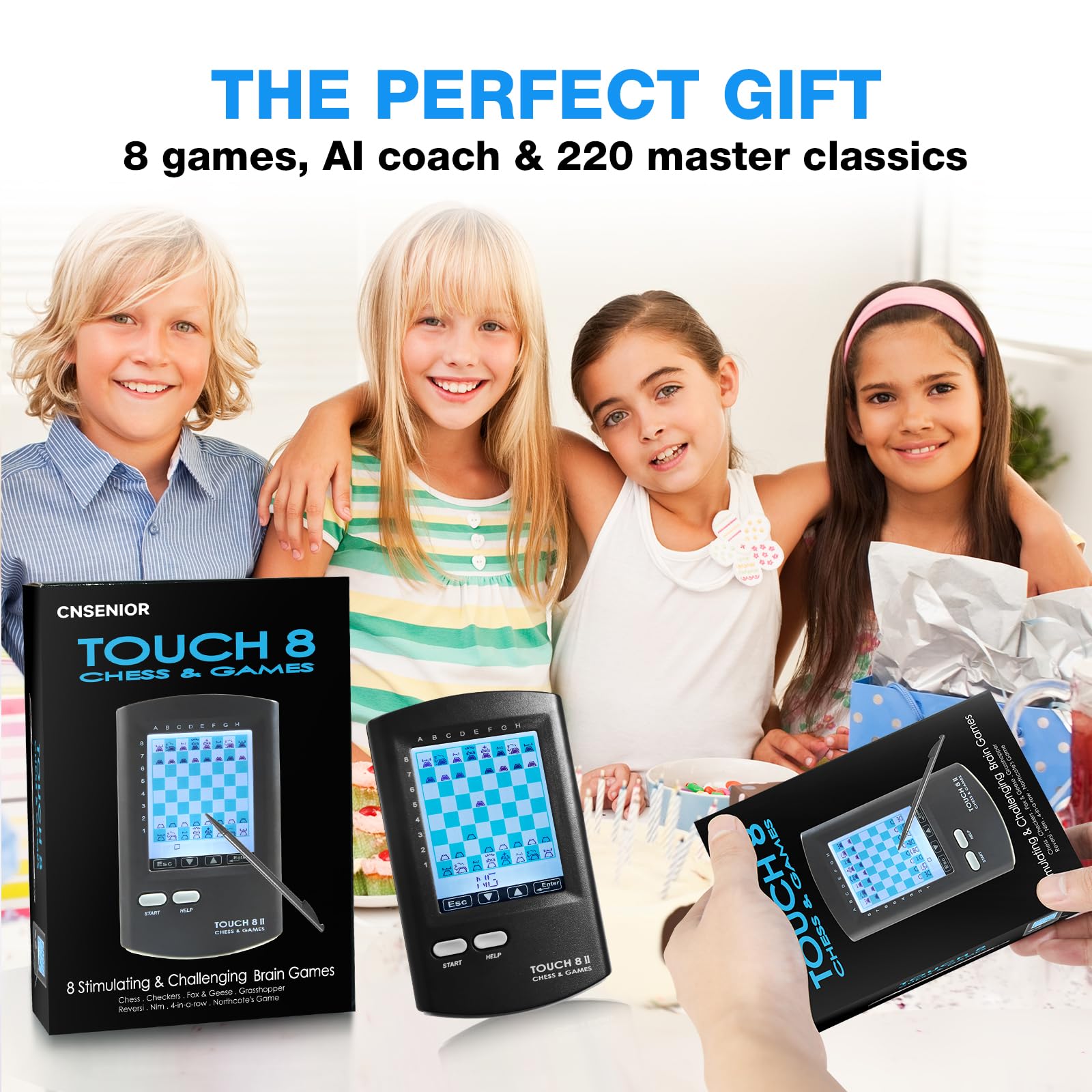 Scacchiera elettronica portatile, 8 in 1 con Ai Training, schermo HD da 7,4 cm, scacchi da viaggio portatile per bambini e adulti, oltre 220 giochi