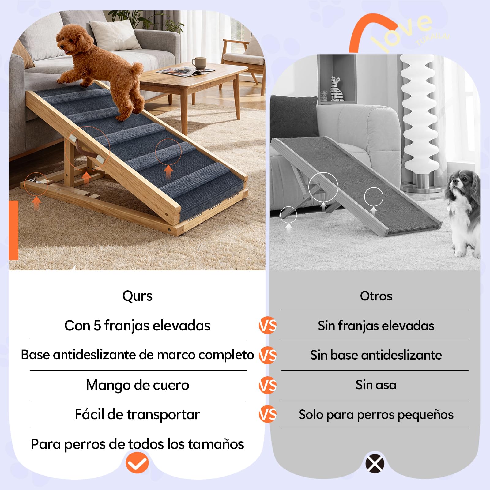 Tukailai Rampa para perros de madera de 70 cm de largo, escalera para perros para cama, sofá, coche, plegable, 2 alturas ajustables, rampa para mascotas con alfombra antideslizante y barras