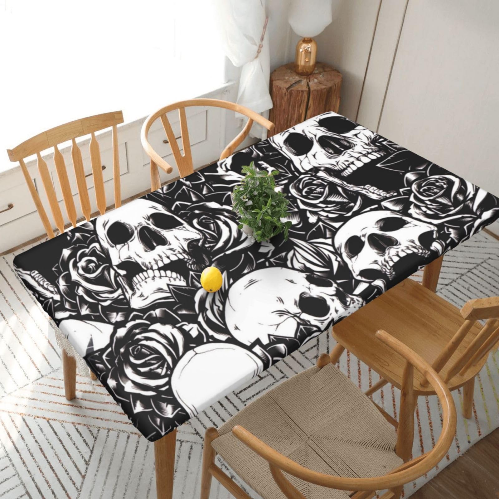 DCEHGEW Elastic Fitted Rectangle Tablecloth for 5ft Tables, Black Floral Skull Printed Oilproof & Washable Fabric Picnic Table Cloth Table Covers