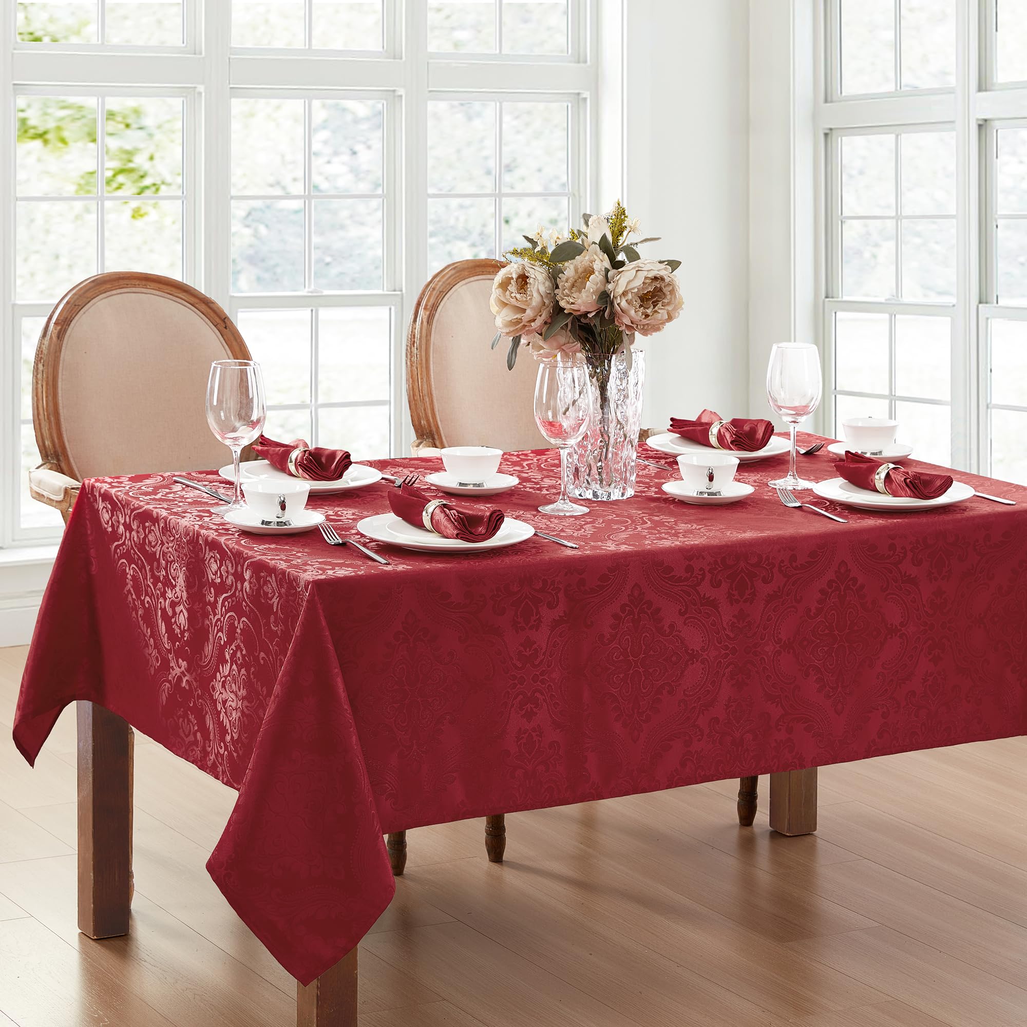 Elrene Damask Tablecloth, Polyester, Red, 84" x 60" (Rectangular), 84 x 60 inch (Rectangular)