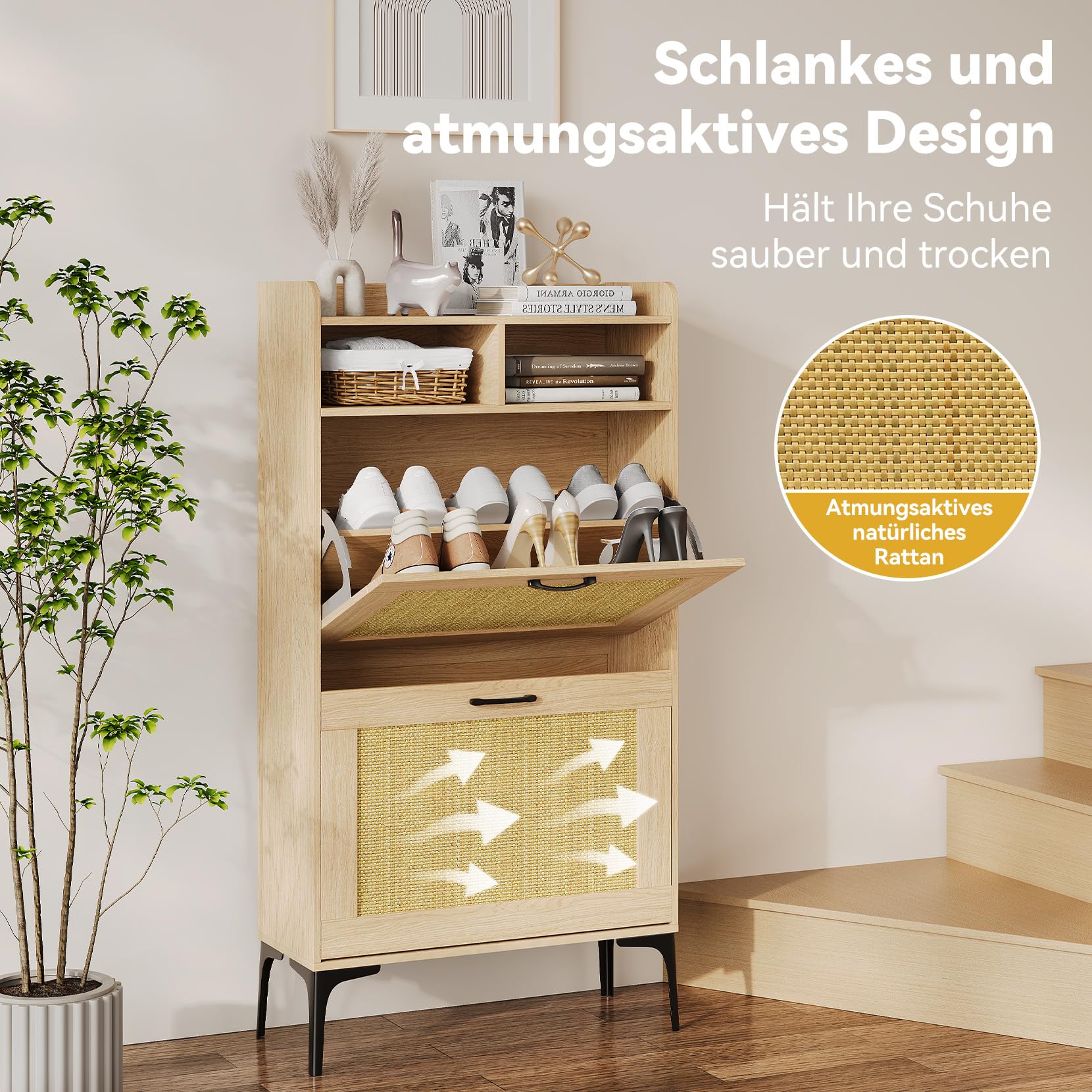Dripex Schuhschrank schmal, Schuhkipper mit Rattan-Dekor, 2 Flip-Schubladen,Schuhregal schmal mit Metallfüßen, verstellbaren Fächern für den Eingang, Flur und Wohnzimmer, 60x24x114cm