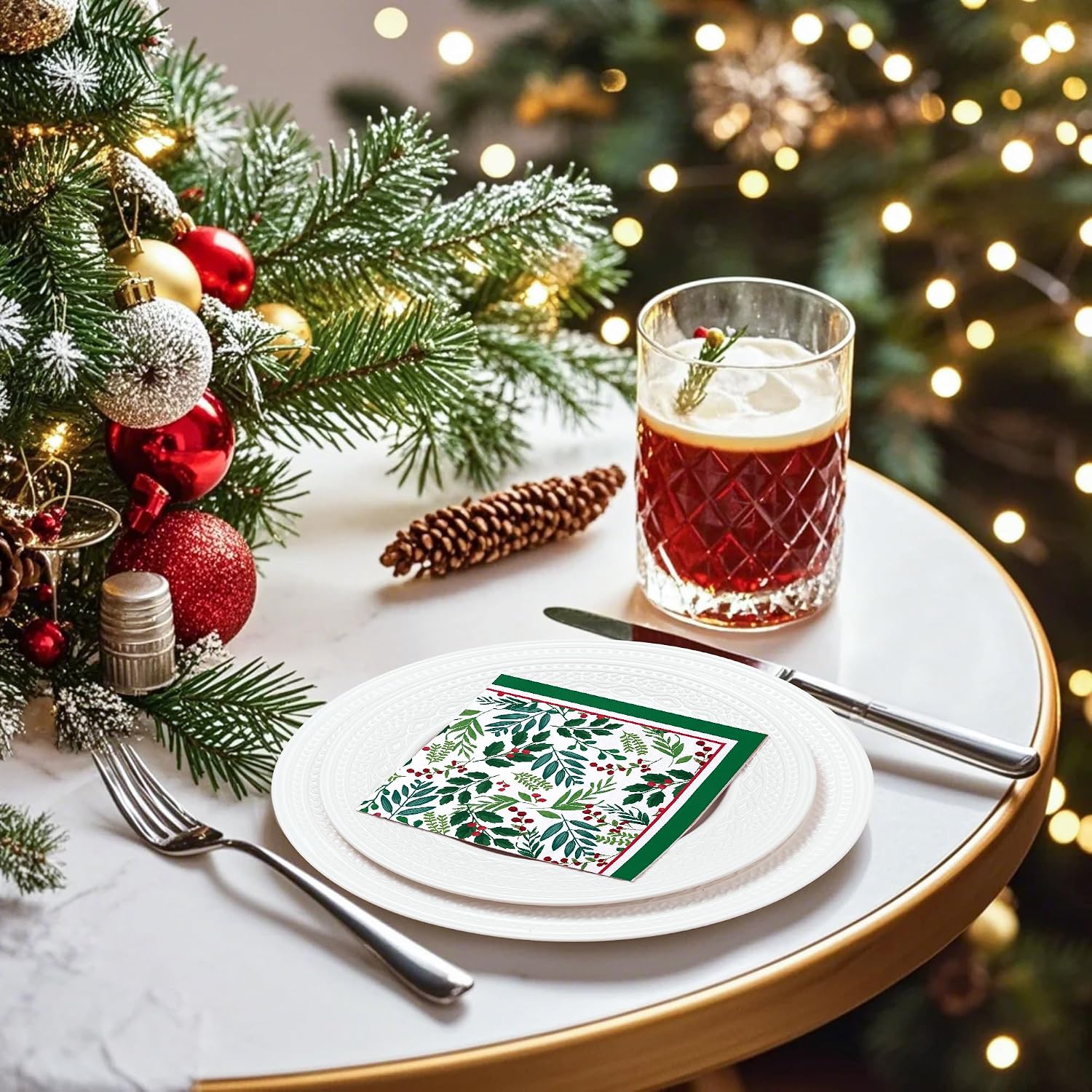WRAPAHOLIC 50Pcs Christmas Seasonal Holly Paper Napkins - 3-Ply Disposable Cocktail Napkin for Christmas Party Supplies Tableware, Xmas Holiday Party Decorative Towels - 5 x 5 In