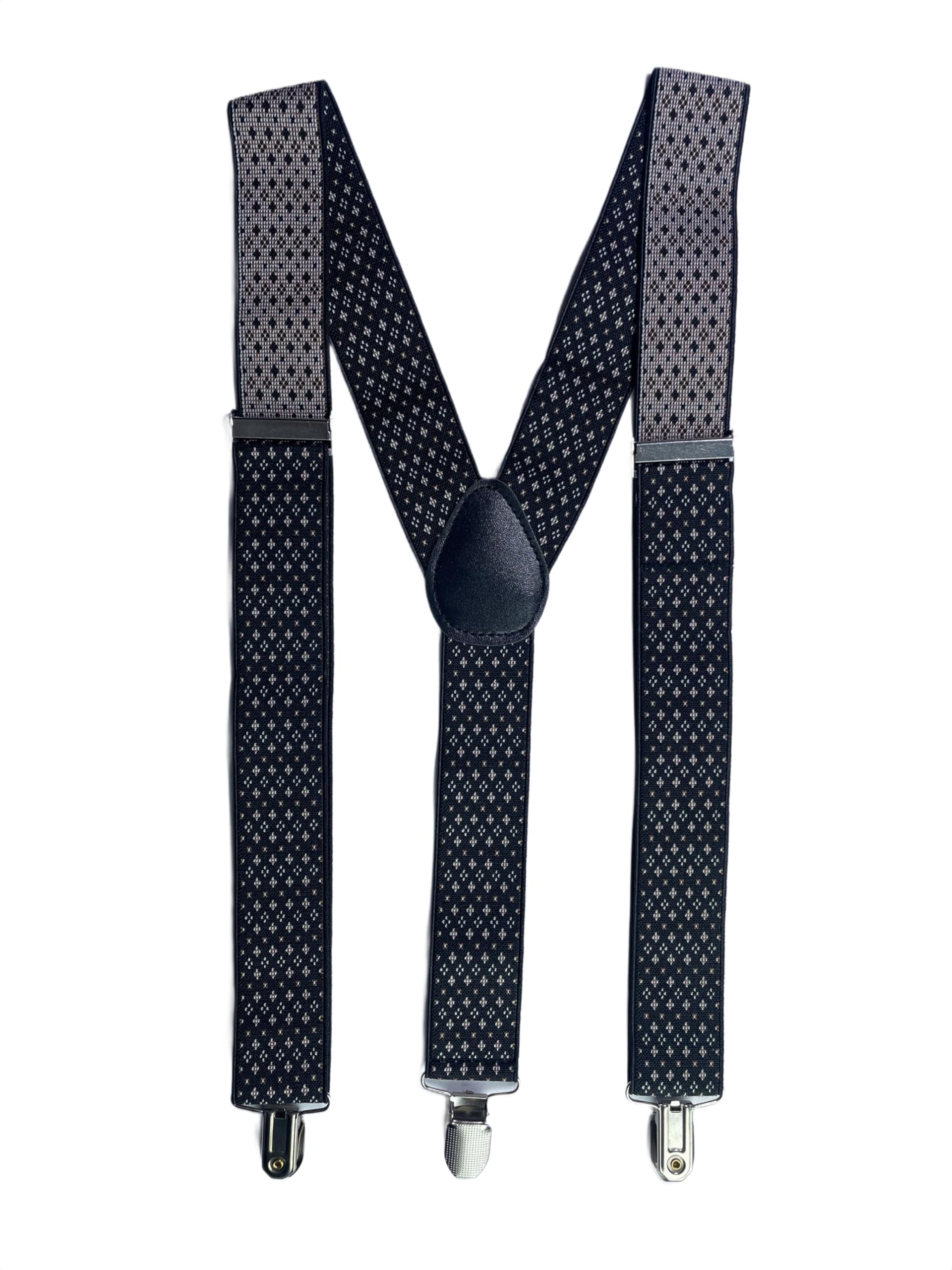 Men’s Suspenders – Black with Small Geometric Pattern, Adjustable Y-Back Style with Elastic Straps & Heavy-Duty Clips, Classic Fashion Accessory for Weddings, Suits, Business & Casual Outfits-image-2