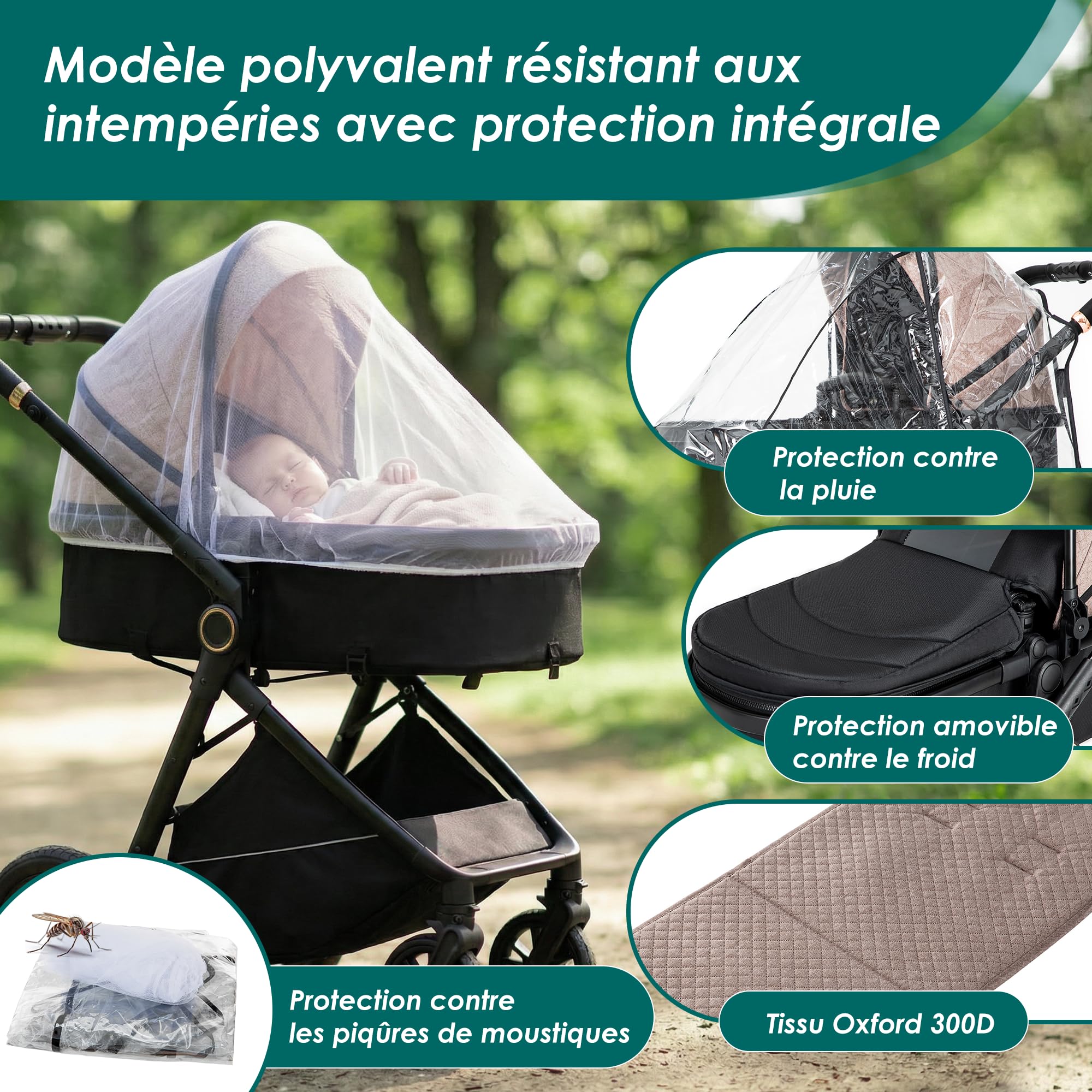 Poussette 3 en 1 Siège Auto Léger Bébé Pliable 0-36 Mois Kaki