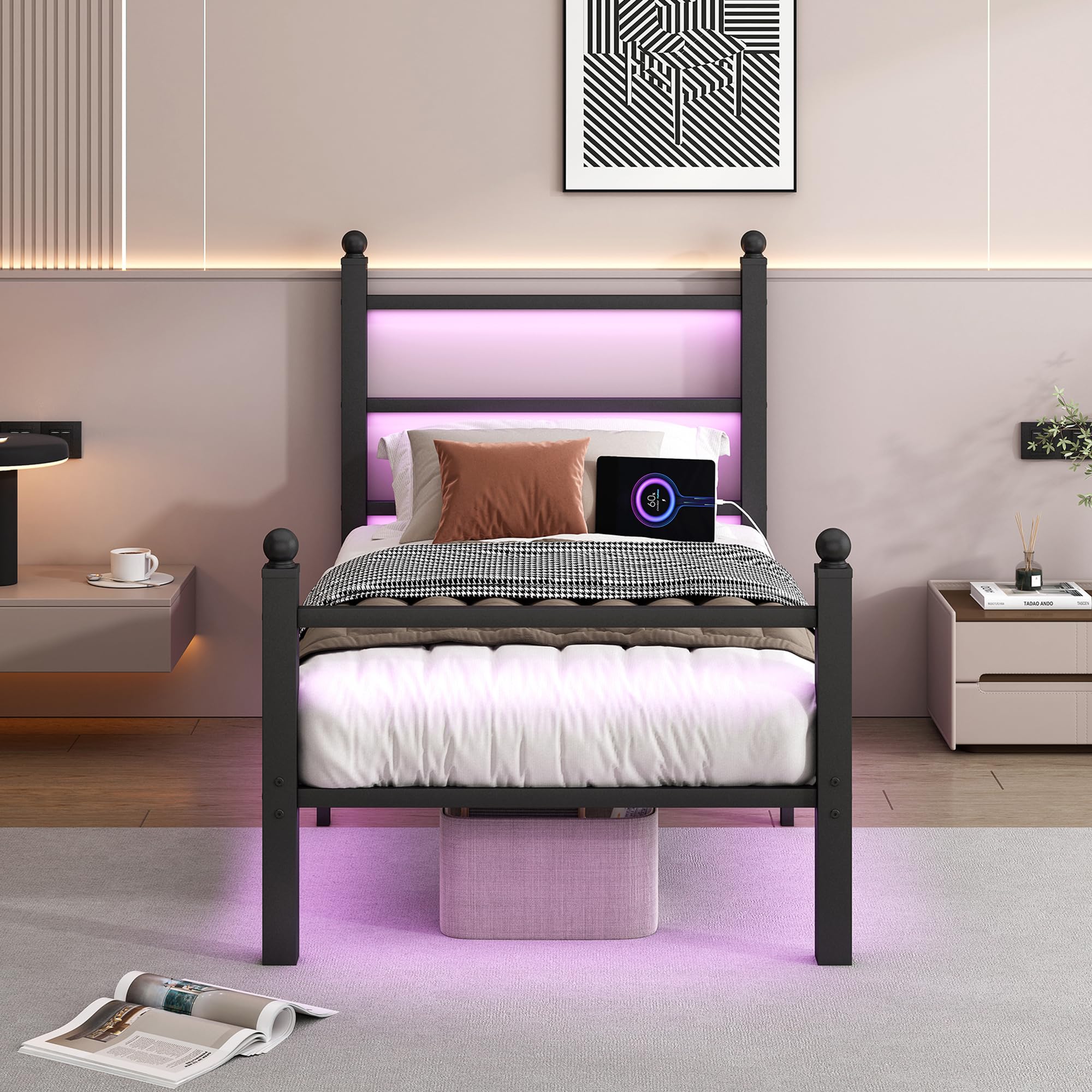CLIBFENG Twin Bed Frame with Headboard and Footboard,Steel Slats Support-LED Bed Frame with USB Charging Station,Mattress Foundation-Under Bed Storage