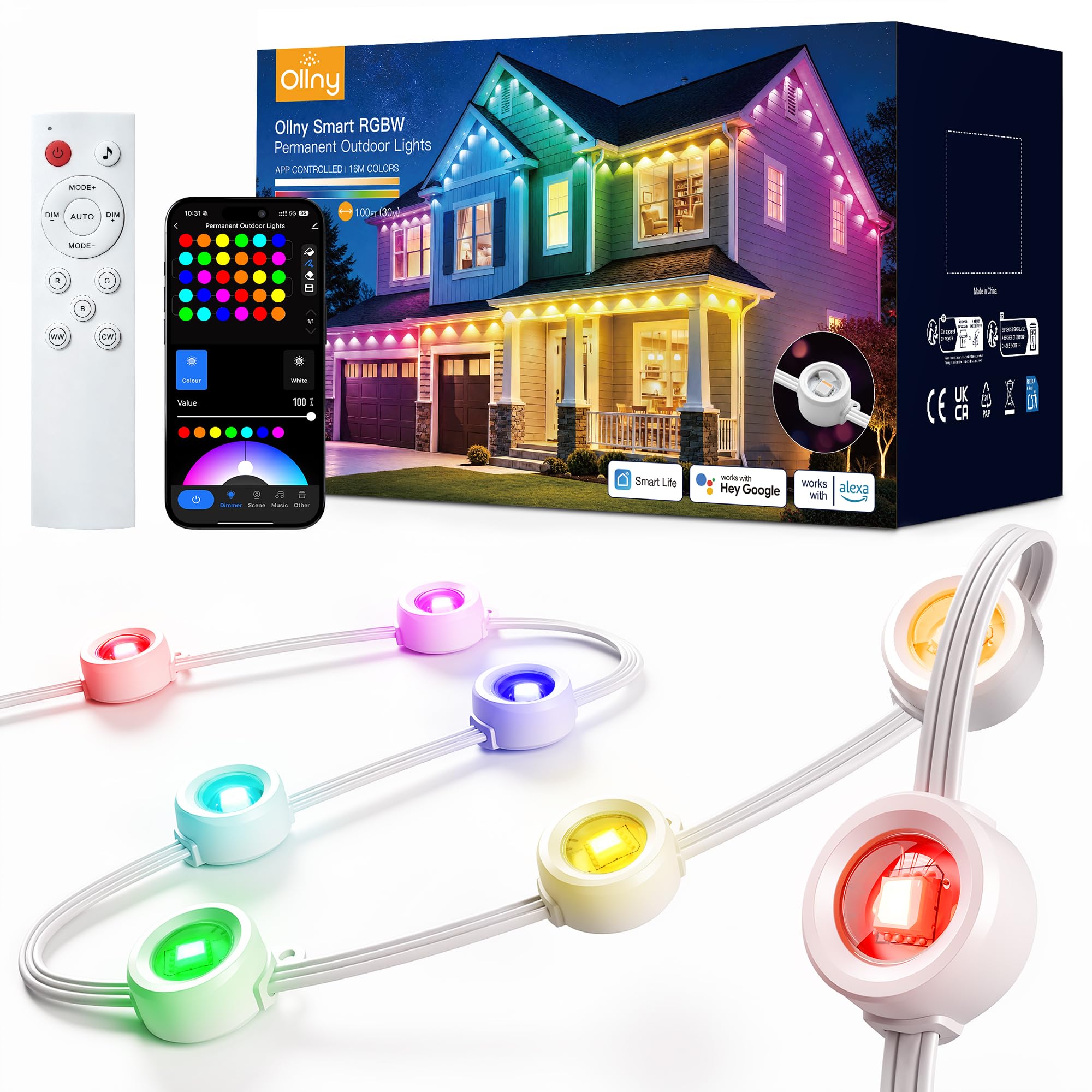 Ollny 15M Permanent Smart RGBW String Outdoor Christmas Light Mains Powered
