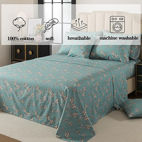 Miniatura 7 de FADFAY Juego de sábanas 100% algodón percal - Ropa de cama vintage con estampado floral y mariposas - Juego de sábanas de 4 piezas con bolsillo
