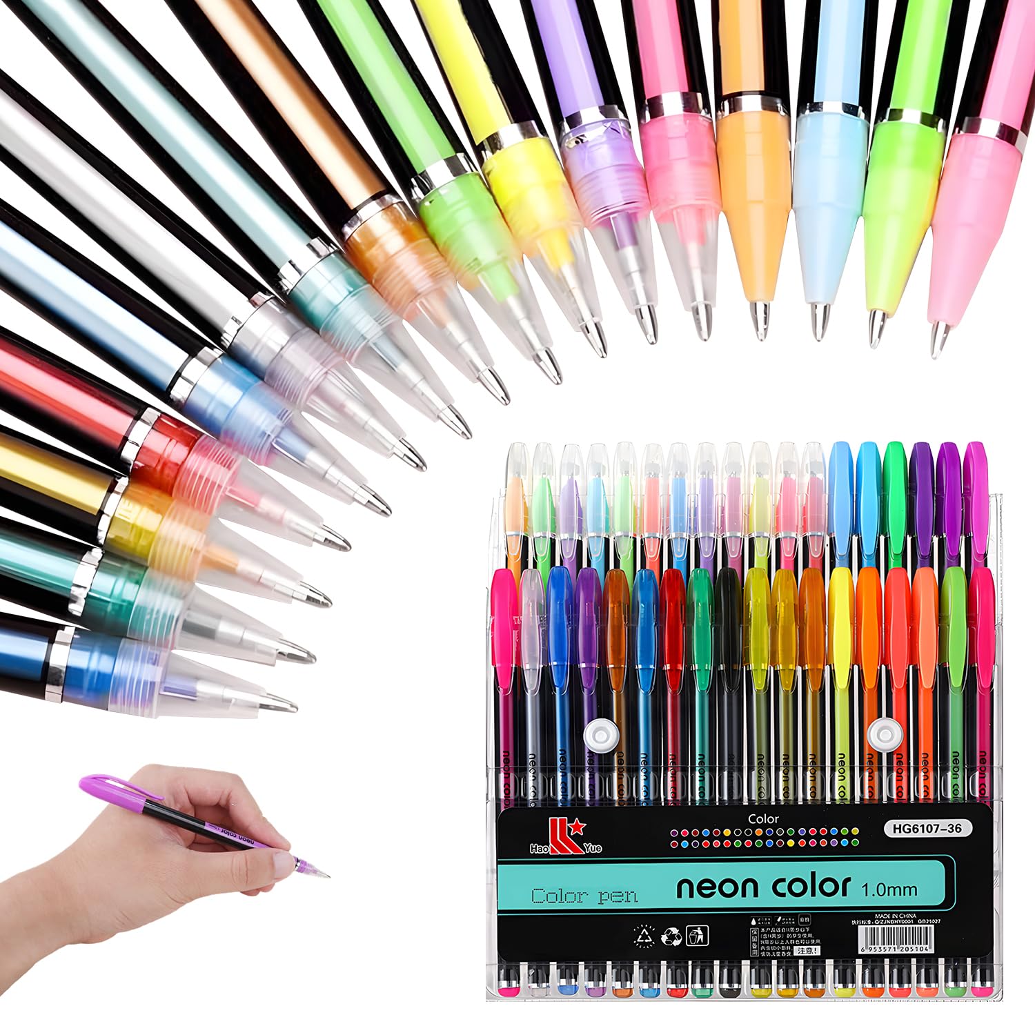 MOTIBACK 36 Pack Glitter Gel Pens, 1.0mm Sparkle Gel Pens Set for Adult Colouring Books, Drawing, Journaling, Crafting & Writing - 12 Gouache, 12 Neon, 12 Glitter Gel Pens