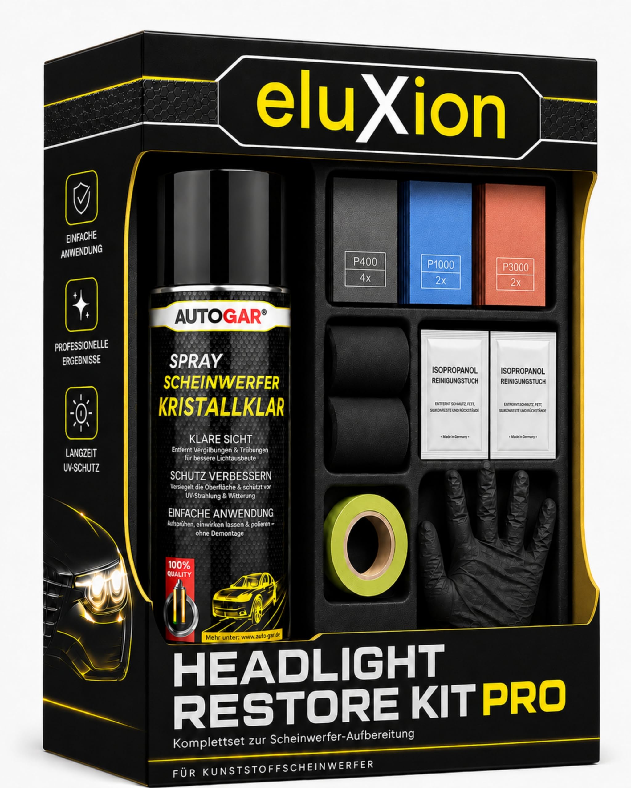 Headlight Restore Kit Pro I Scheinwerfer Aufbereitung Set ohne Maschine I DIY Komplettset mit Spezial-Klarlack-Spray I Nassschleifpapier & Zubehör für Kunststoffscheinwerfer