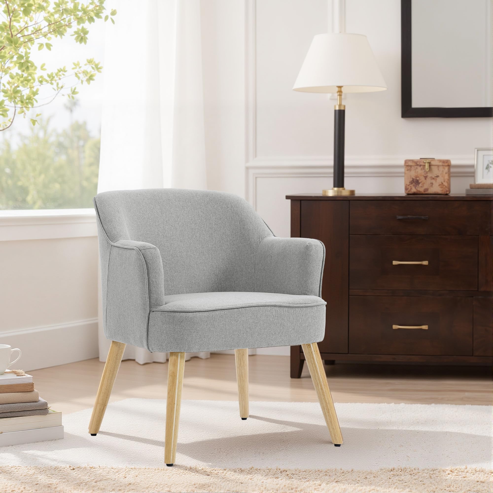 HOMCOM Butaca de Salón Moderna en Lino con Patas de Madera 120kg Gris Claro | Sillón Lectura Tapizado, Reposabrazos Acolchado Grueso, Almohadillas Ajustables, para Dormitorio Oficina Estudio
