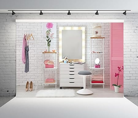 BELECO Makeup Backdrop 7x5ft Fabric Indoor Makeup Video Backdrop for Girls Ladies Online Teaching Live Video Decor Professional Room Salon White Wall Dressing Table Mirror Background Studio Props