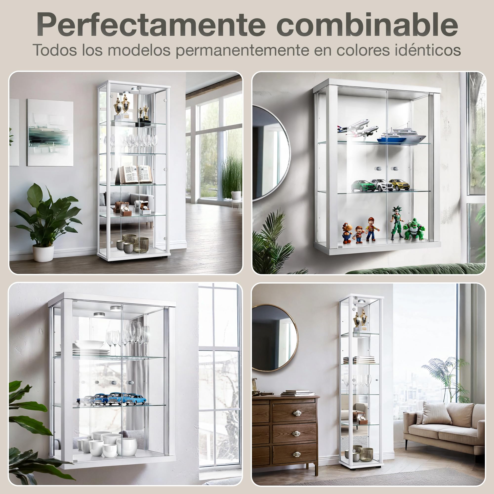 Vitrina de Cristal de en Blanco (80x60x25 cm) con 2 estantes de Cristal Ajustables en Altura - Vitrina para maquetas de Coches en Blanco - Vitrina de exposición