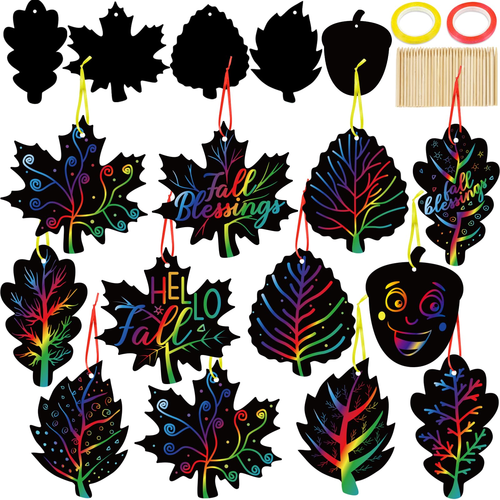 90shine 70 Sets Fall Crafts for Kids Black Scratch Autumn Leaves Arts