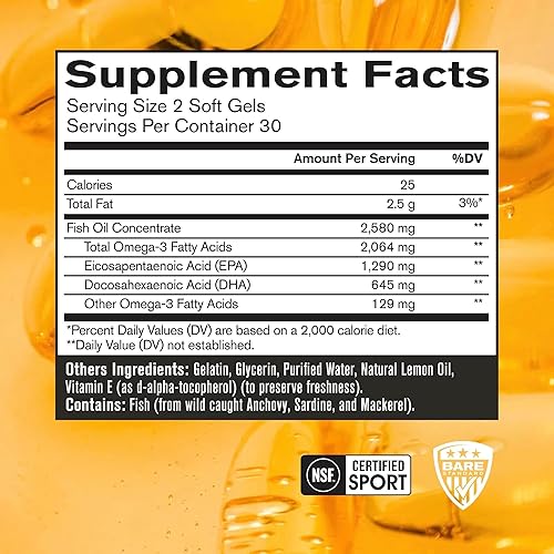 Miniatura 2 de BARE PERFORMANCE NUTRITION, BPN Strong Omega Fish Oil Soft Gel, 1290 mg de aceite de pescado por cápsula, pescado capturado silvestre, de origen