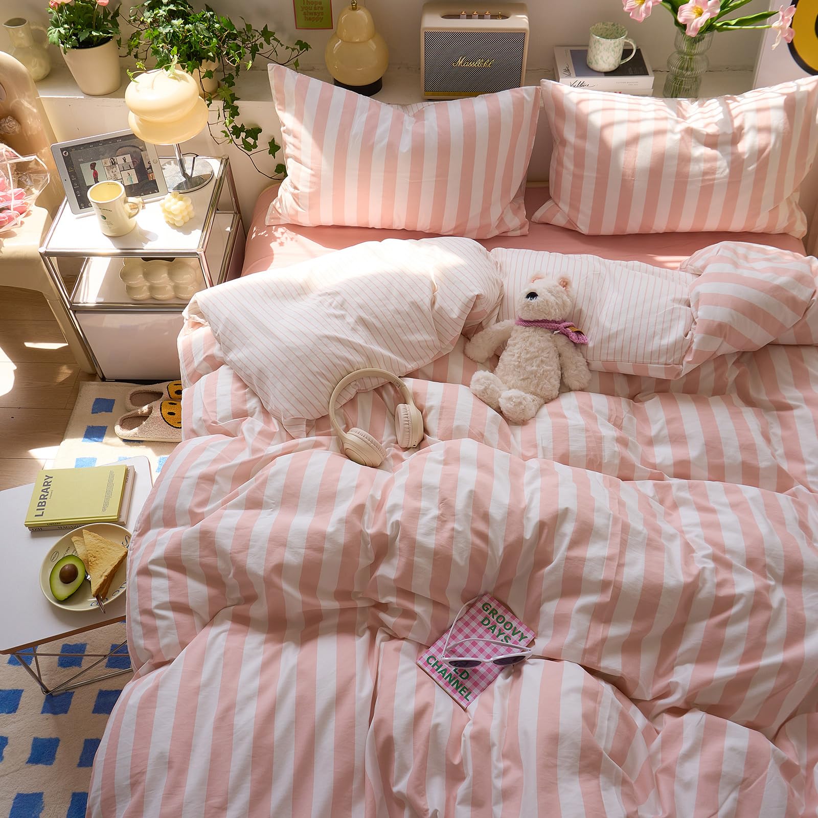 EAVD Pink Striped Duvet Cover Twin XL Soft Washed Microfiber 3-Piece Set