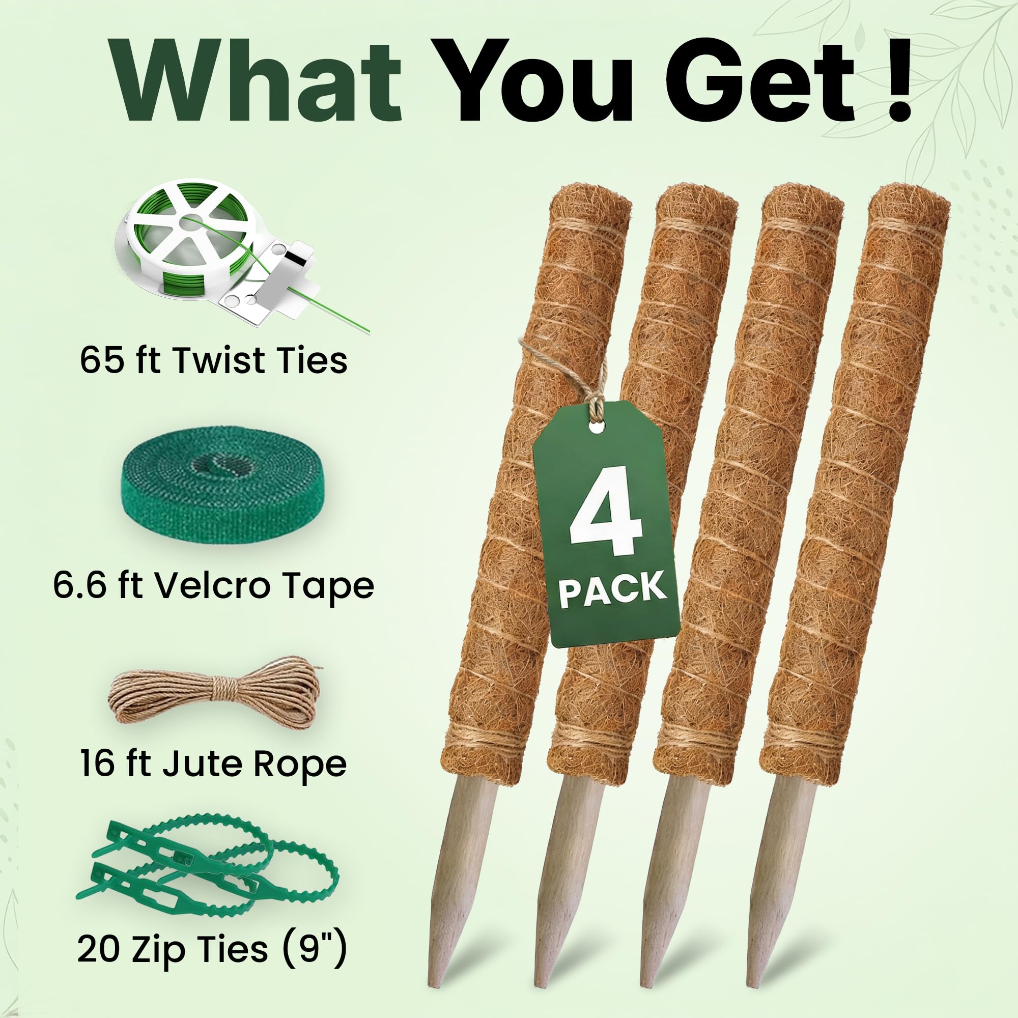 Paquete de 4 soportes para plantas Monstera de 16 pulgadas, apilables hasta 48 pulgadas, estacas para plantas trepadoras de interior en maceta, palos de coco altos y accesorios para Monstera, Pothos y