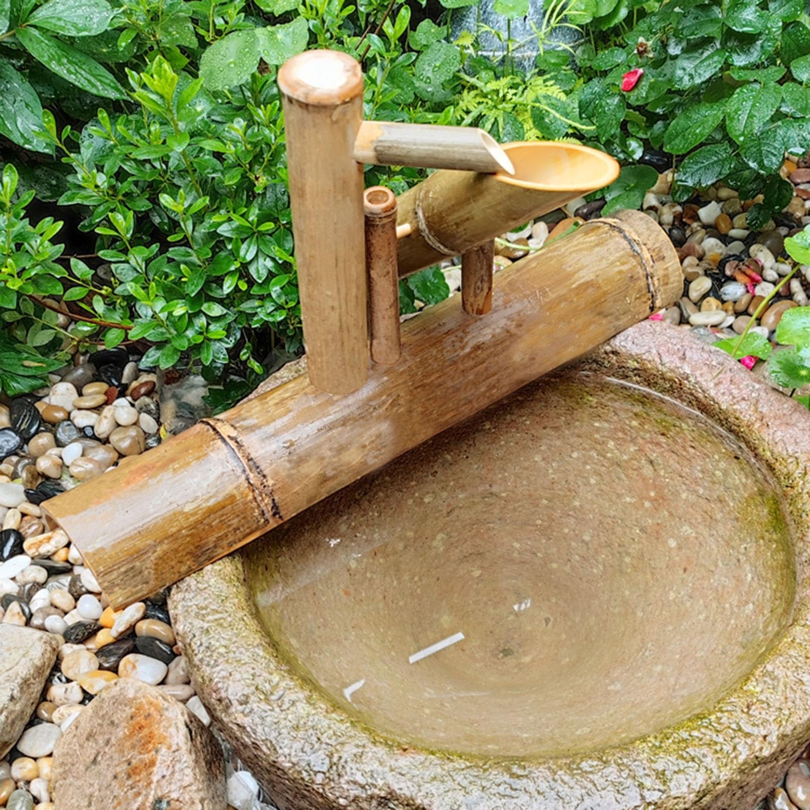 Bambusbrunnendekoration für den Außenbereich mit Pumpe – handgefertigte Gartendekoration für Innen- und Außenbereich, Teichdekoration für Hinterhof, Rasen