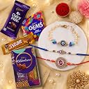 CraftVatika Chocolates with Rakhi for Brother Bhabhi Kids, Rakhi Set of 3 for Bhaiya Bhabhi Kids, Evil Eye Lumba Chocolates Gift with Gift Hamper (Type-1) gallery image
