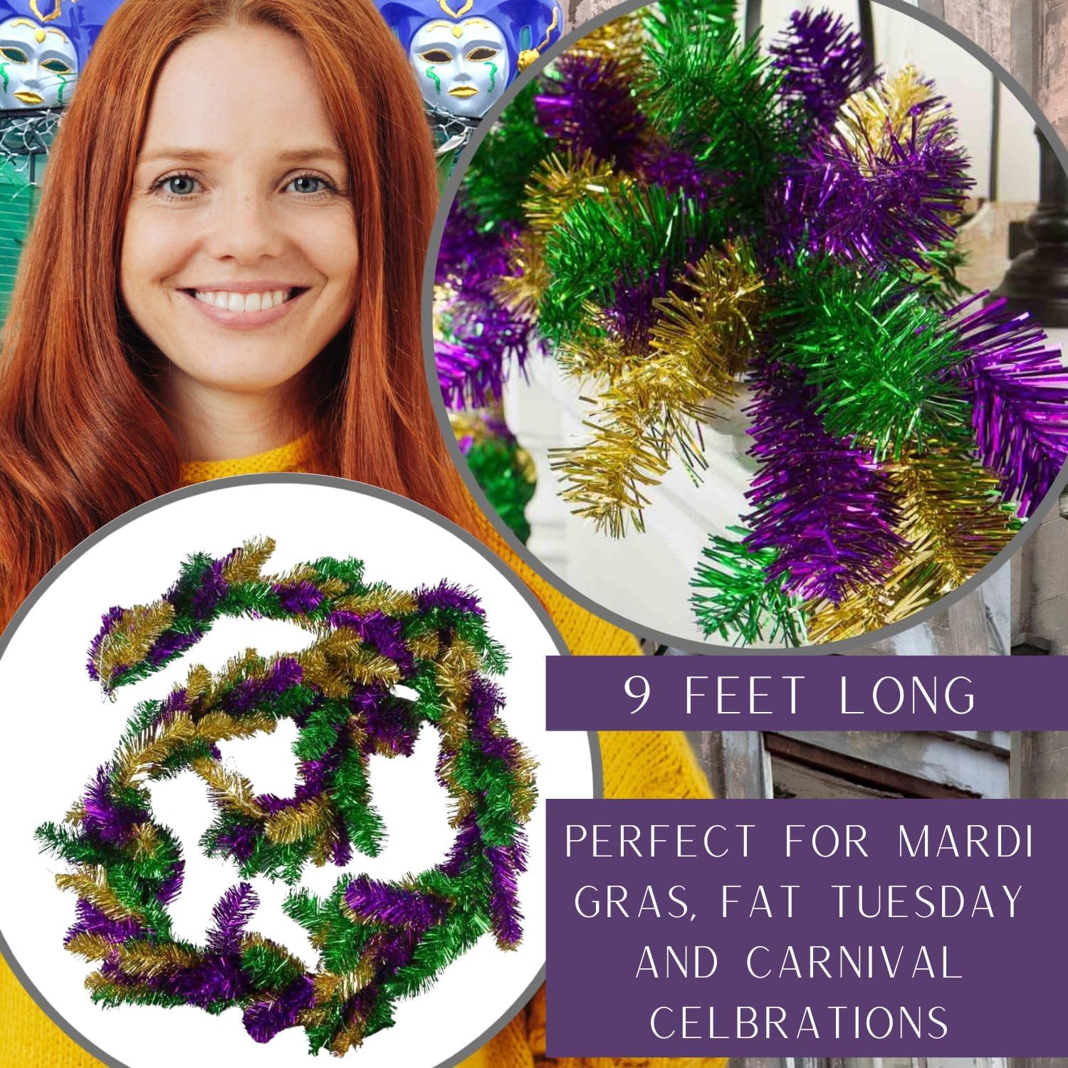 Factory Direct Craft Mardi Gras Metallic Tinsel Mantel Garland Runner - Festive Decor for Fat Tuesday and Carnival Parties (9 Feet Long)